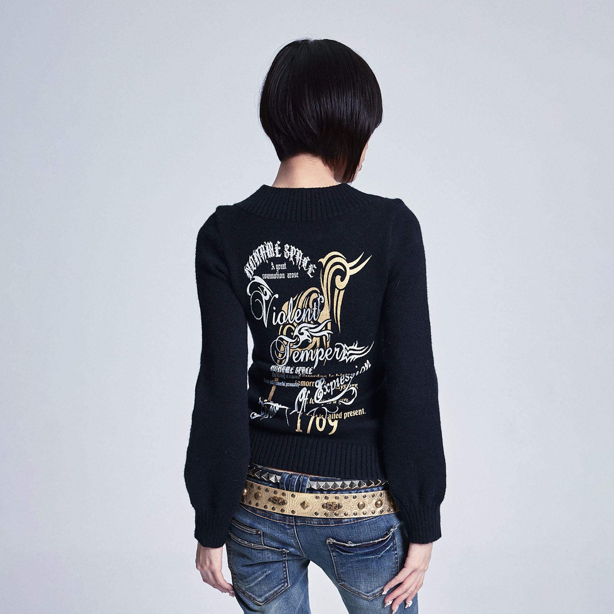 NONAME SPACE Retro Printed V-Neck Bishop Sleeve Sweater