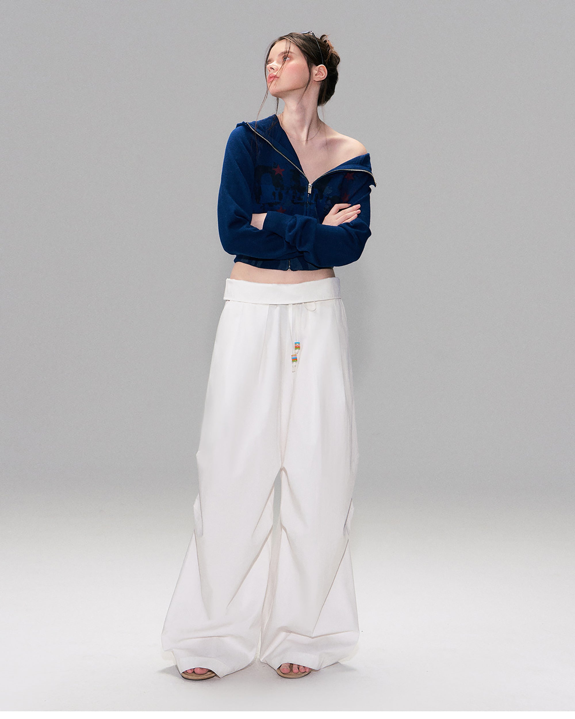 THE NEVERMORE Folded Waist Beaded Drawstring Wide-Leg Pants