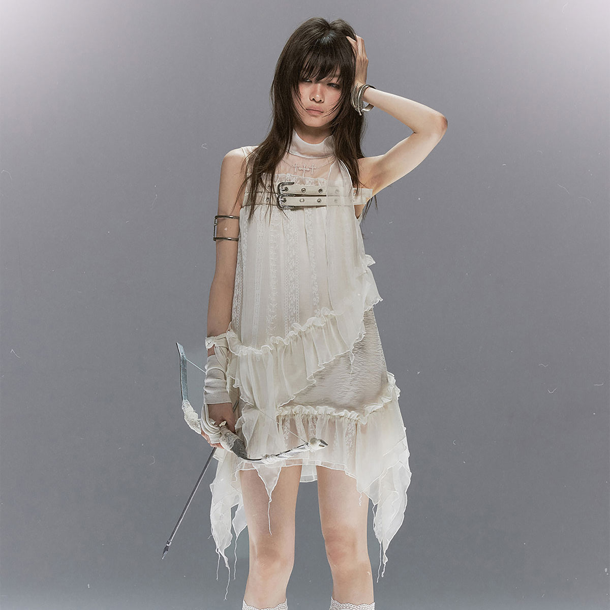 CESTNOUS Lace-Armored Cross Embroidered Layered Mesh Slip Dress