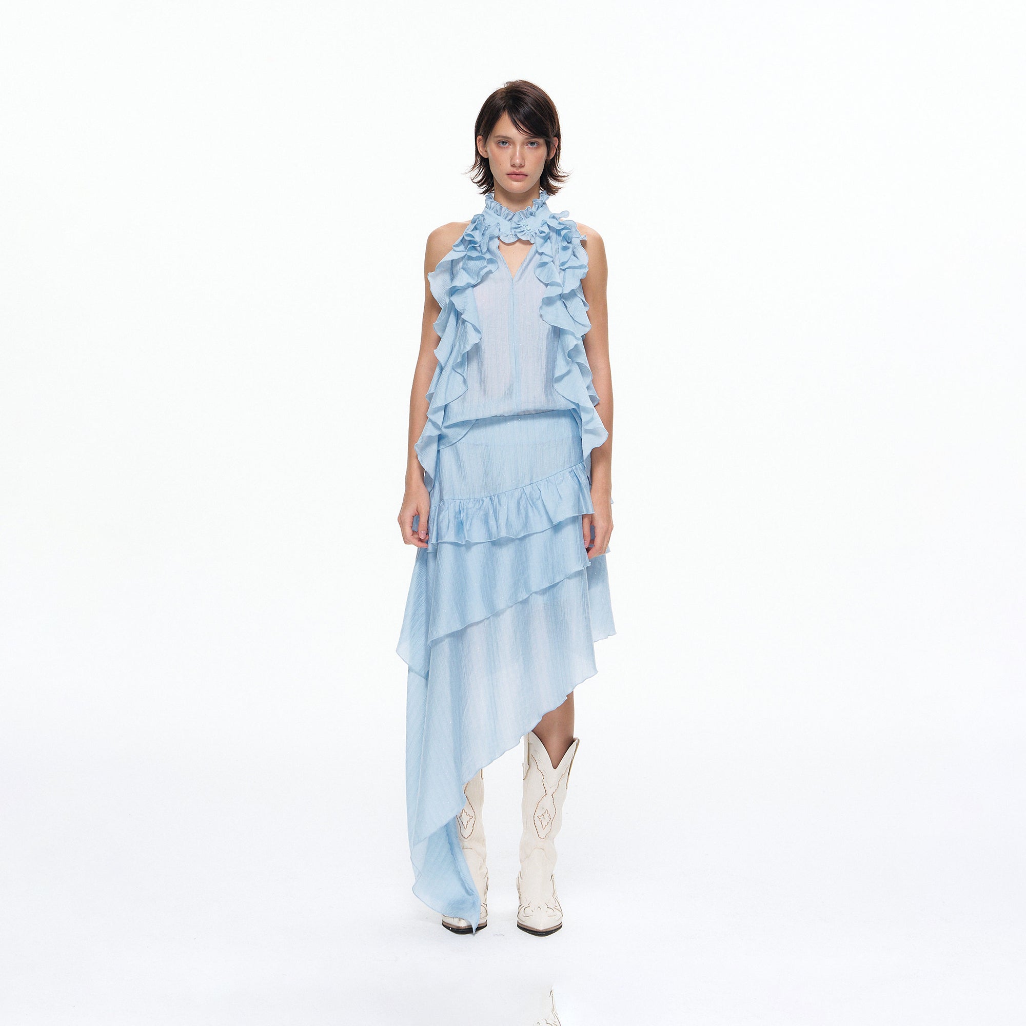 10AMSOTIIIIIIRED Tiered Ruffle Sleeveless Top & Asymmetric Skirt Set