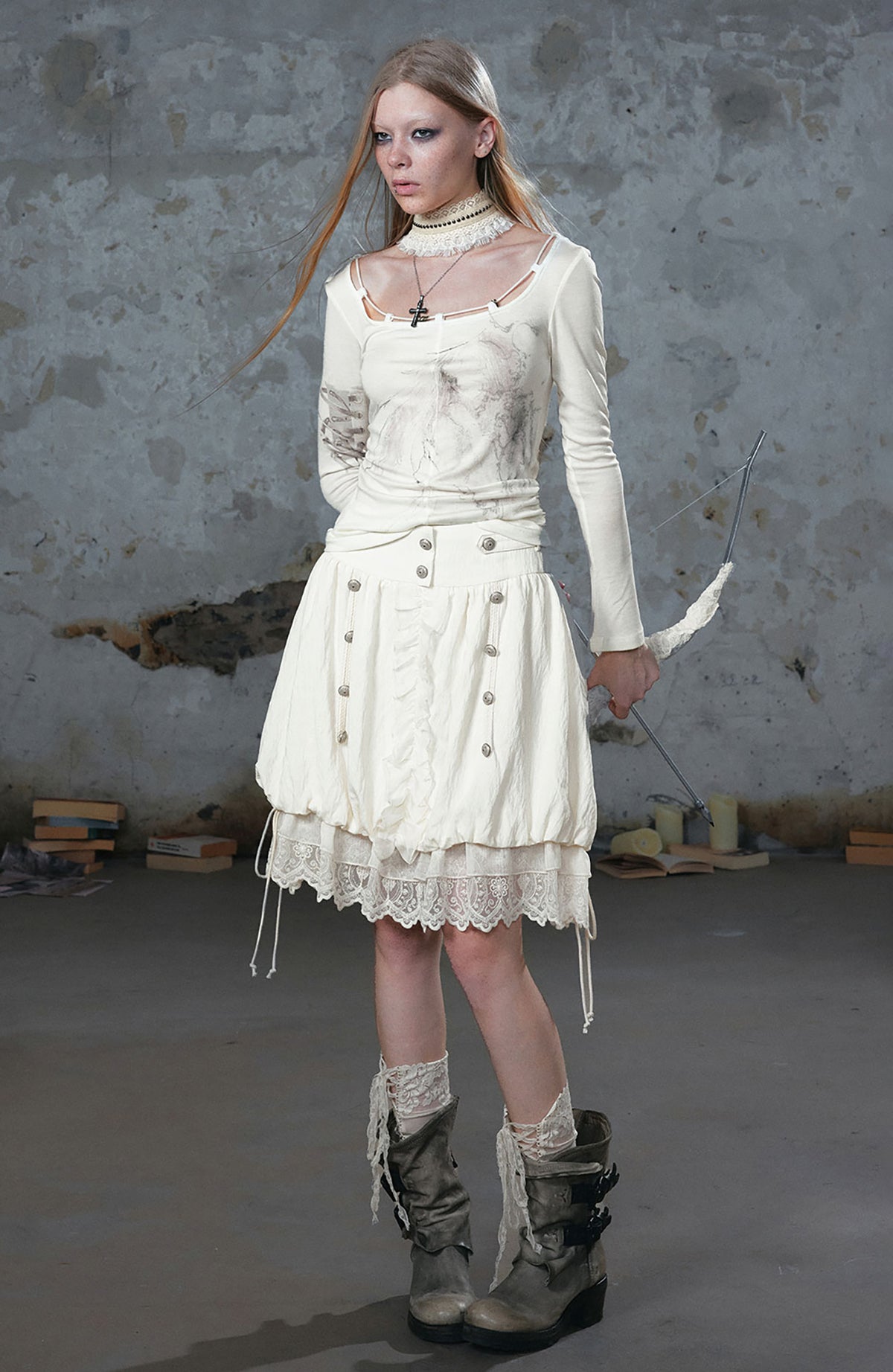 CESTNOUS Chiffon Lace Spliced Drawstring A-Line Skirt