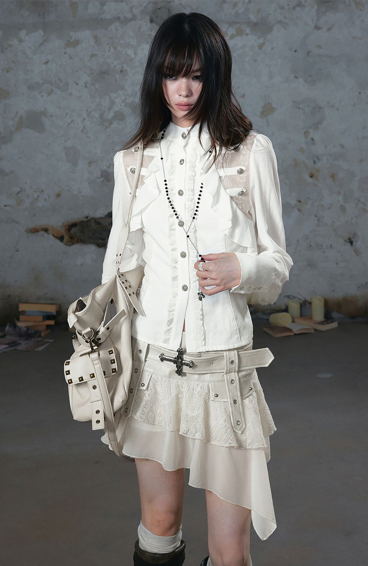CESTNOUS Lace Ruffle Cinched-Waist Chiffon Spliced Shirt
