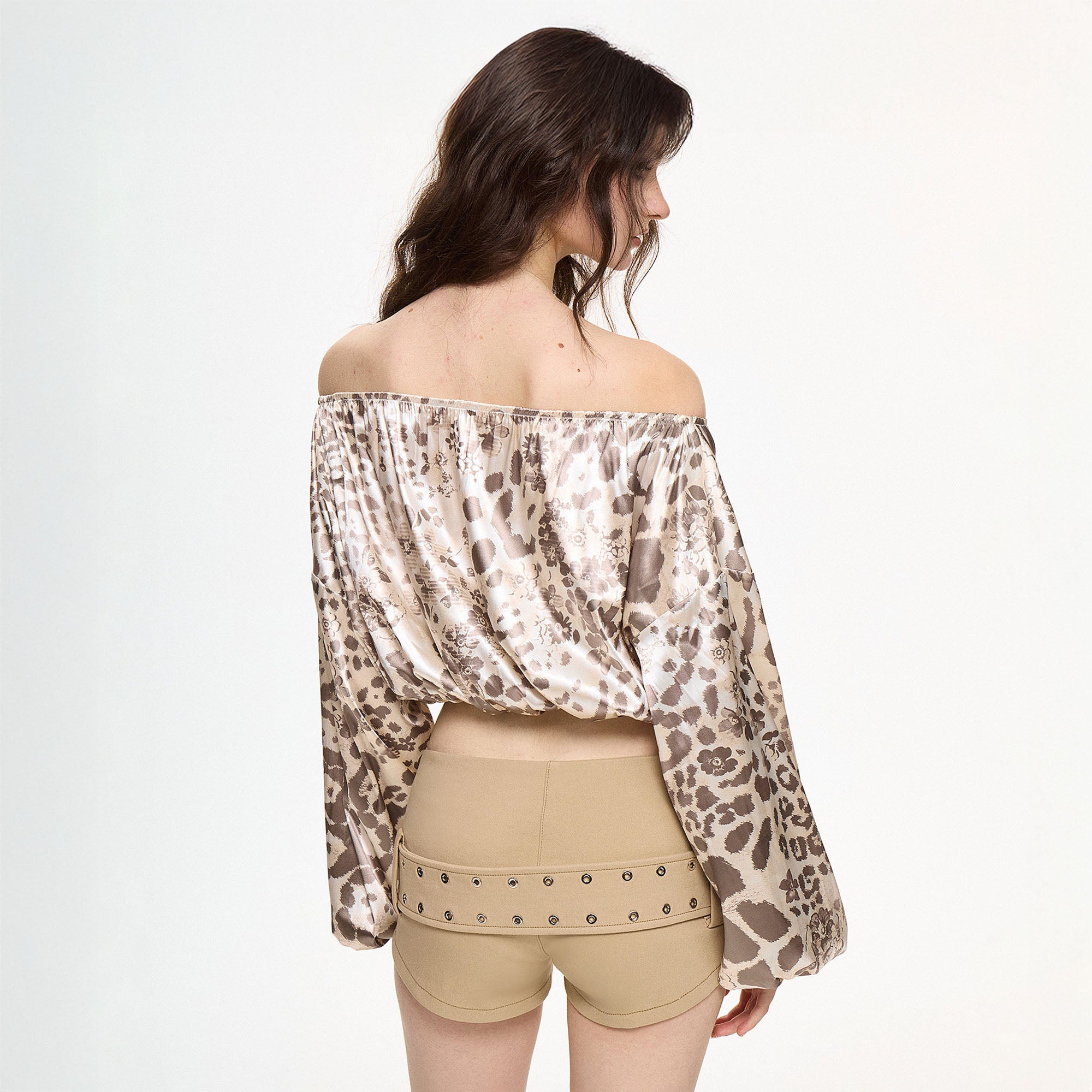 AE30 SAINT Leopard-Print Off-Shoulder Puff Sleeve Shirt