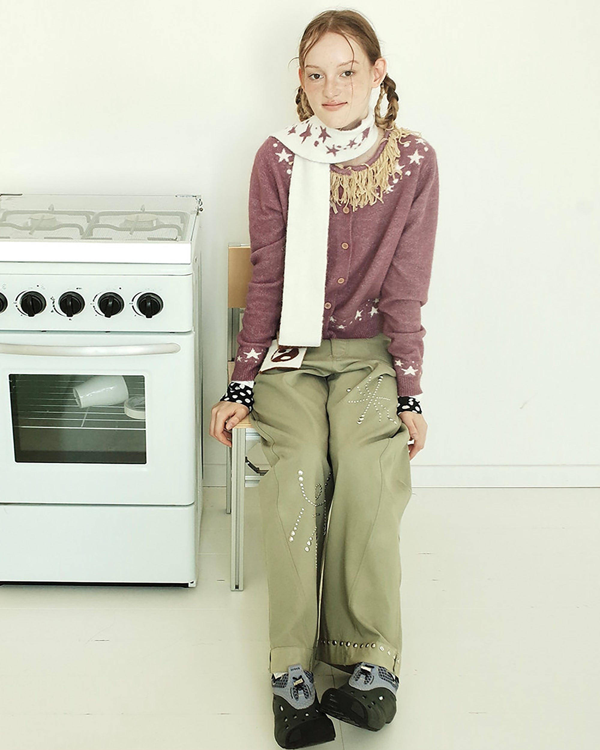 UNSOCIAL NIGHT Fringed Collar Star Jacquard Knit Cardigan