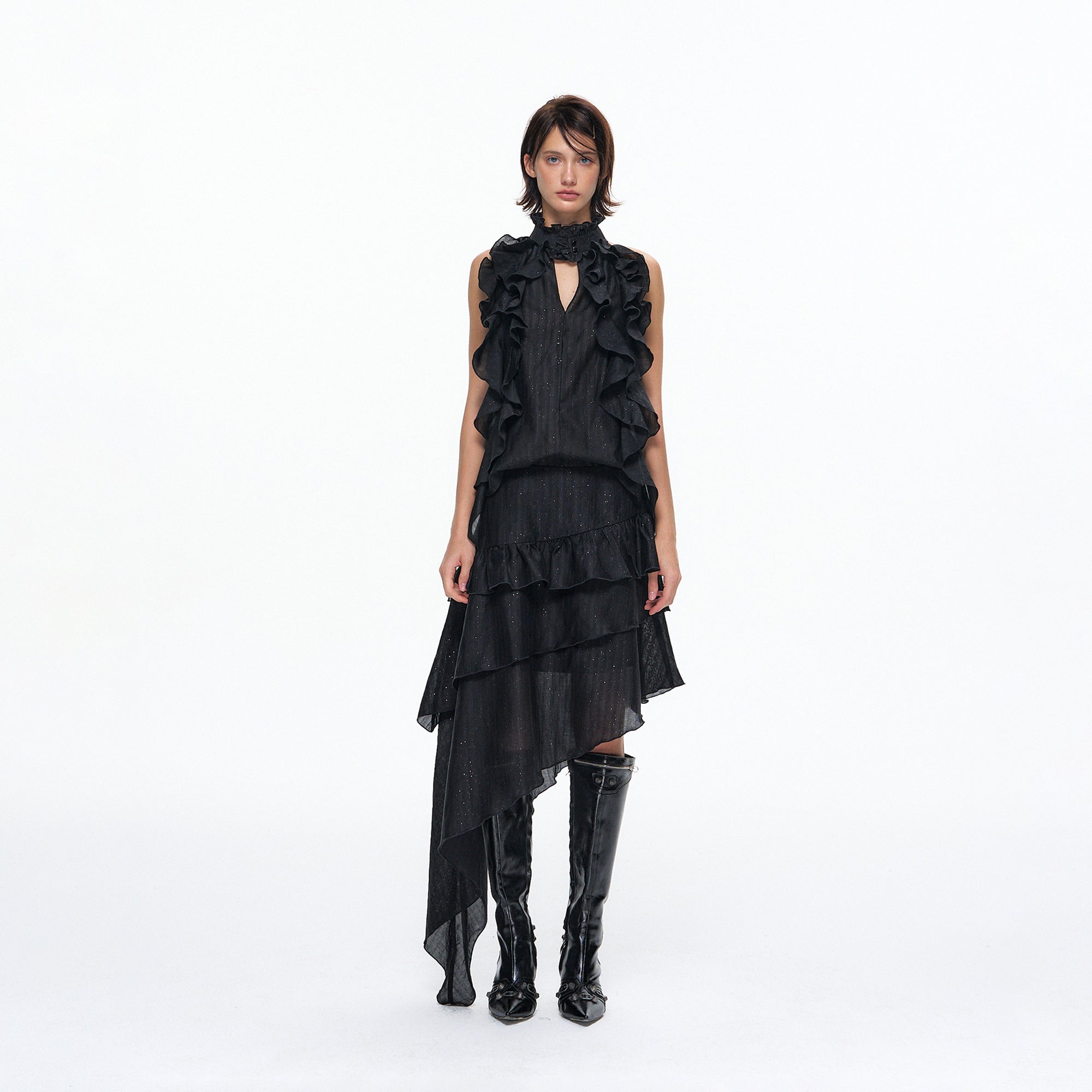 10AMSOTIIIIIIRED Tiered Ruffle Sleeveless Top & Asymmetric Skirt Set