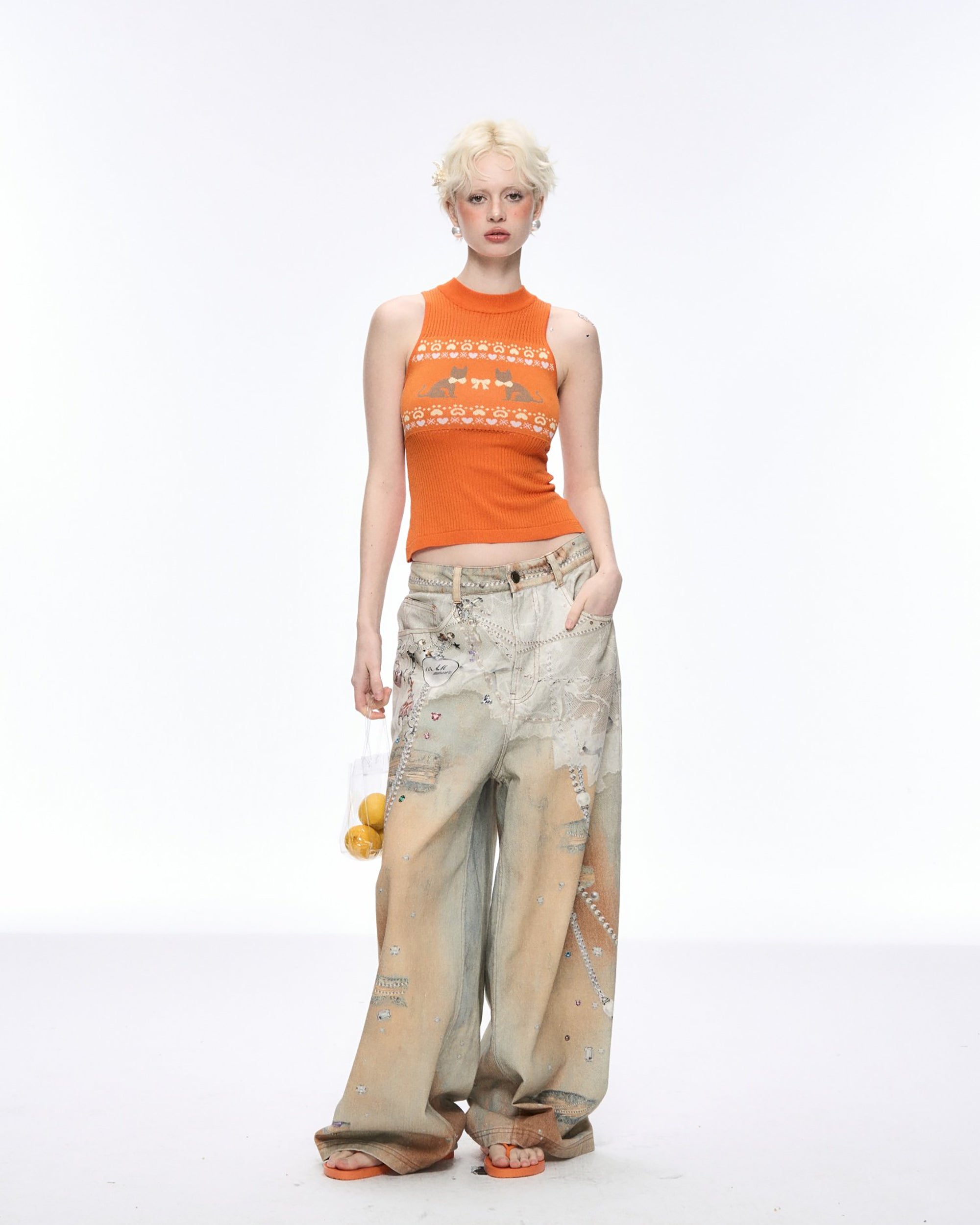 10AMSOTIIIIIIRED Lace Chain Print Studded Wide-Leg Jeans