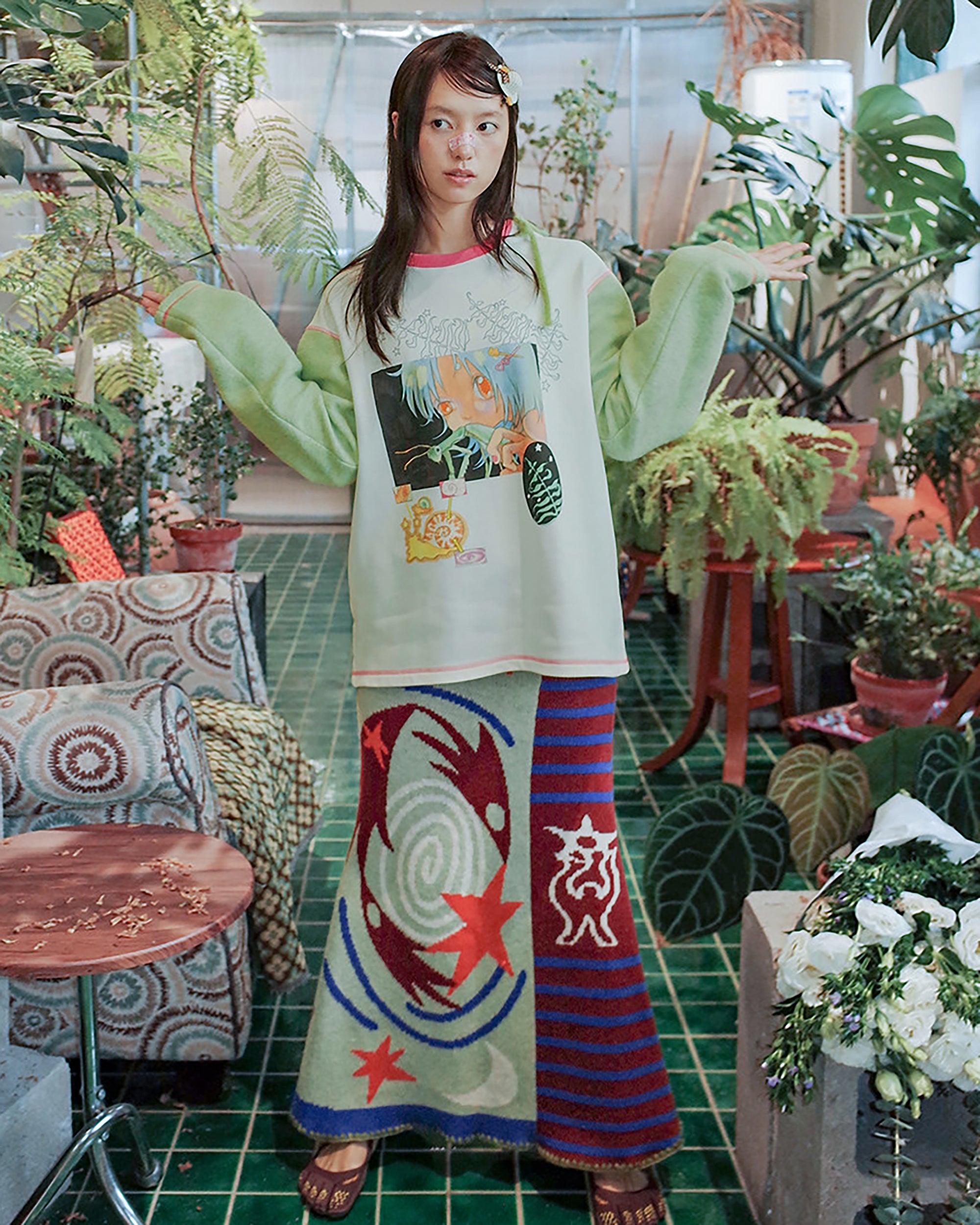 UNSOCIAL NIGHT × OLIWA Illustrated Contrast Sweatshirt