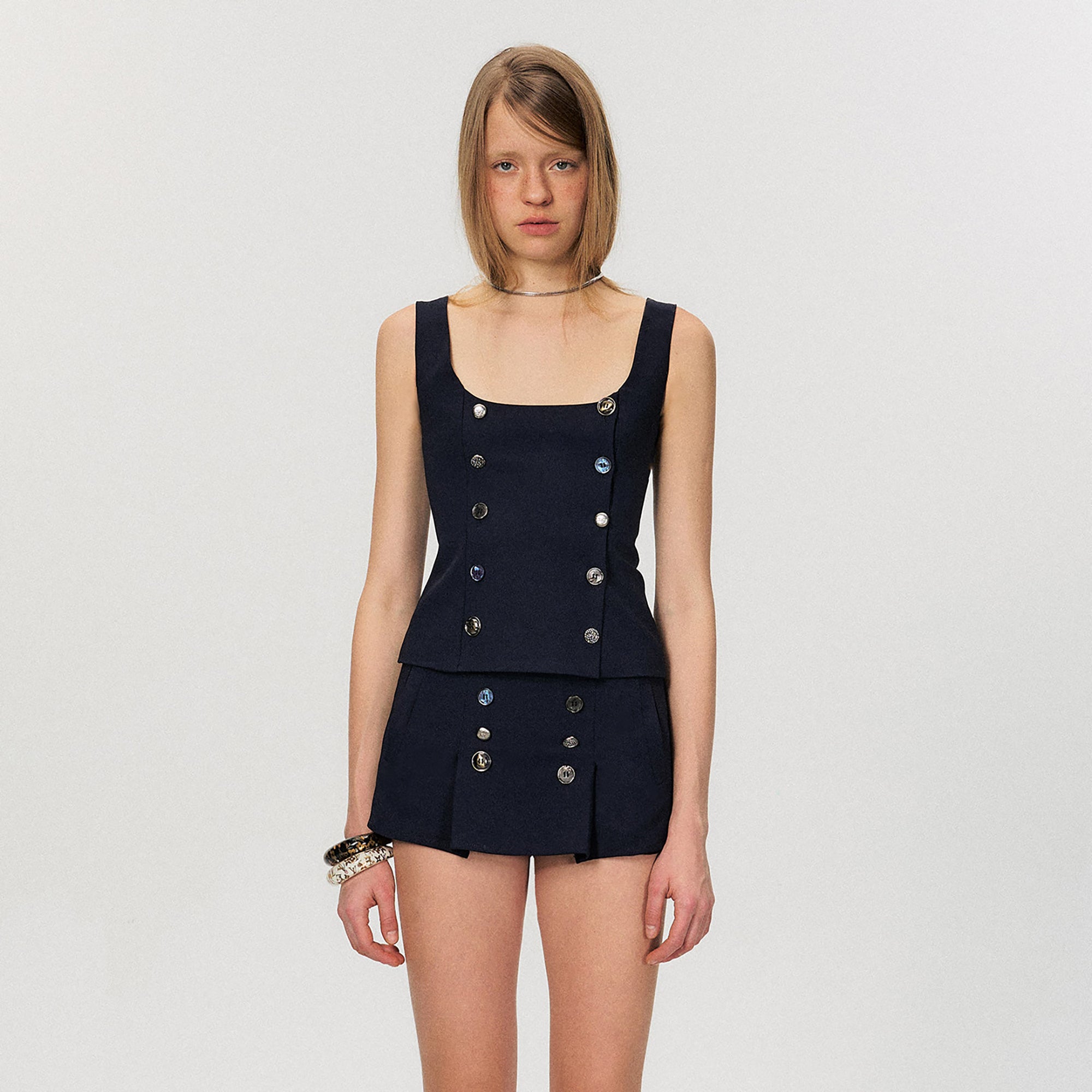 THE NEVERMORE Retro Double-Breasted Vest Top And Mini Skirt Set