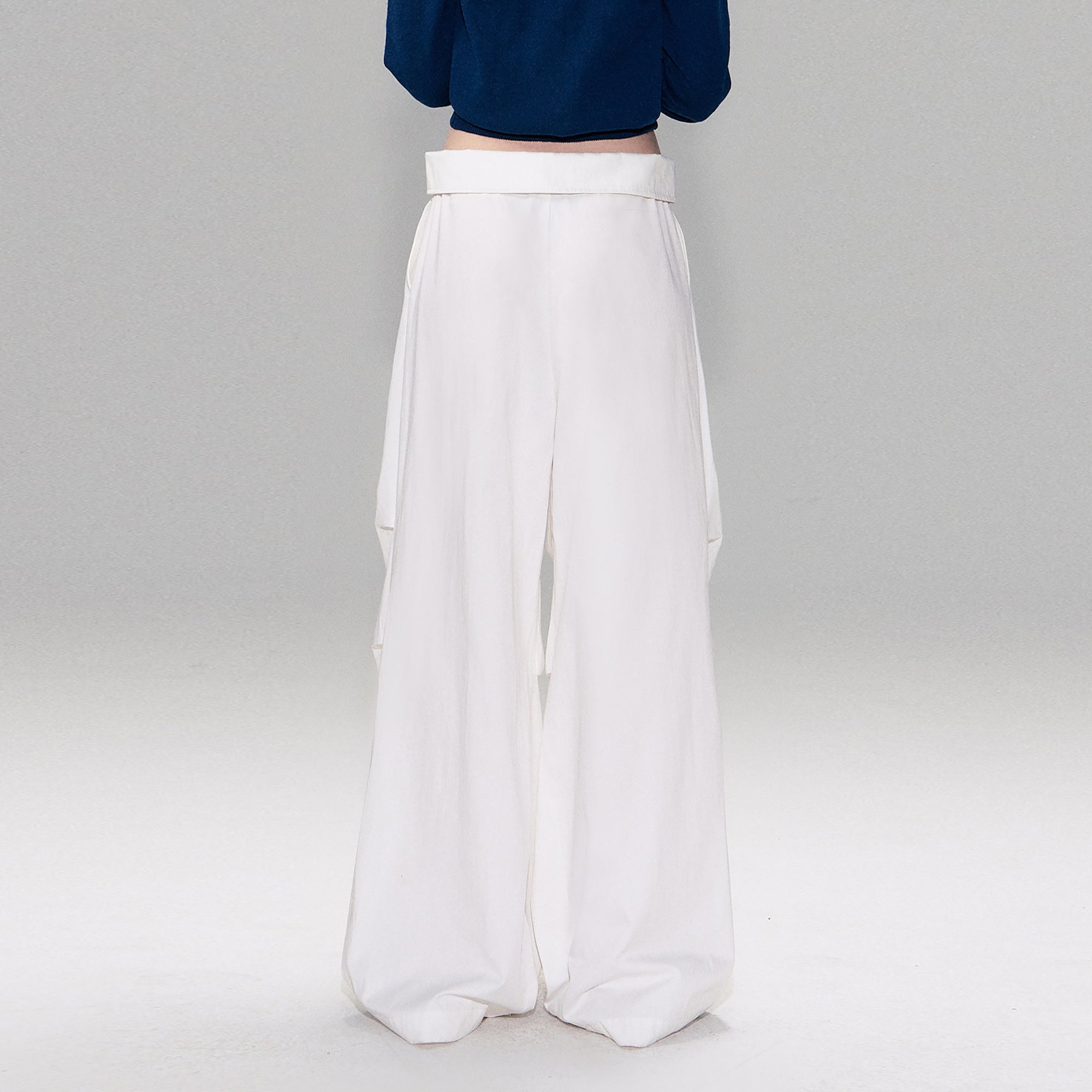 THE NEVERMORE Folded Waist Beaded Drawstring Wide-Leg Pants