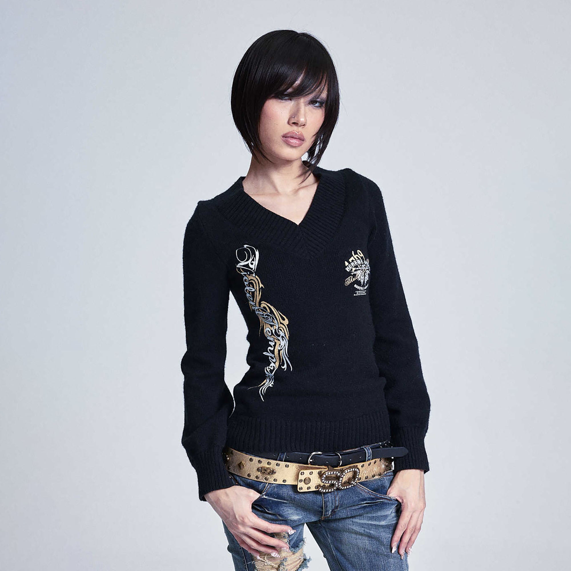 NONAME SPACE Retro Printed V-Neck Bishop Sleeve Sweater