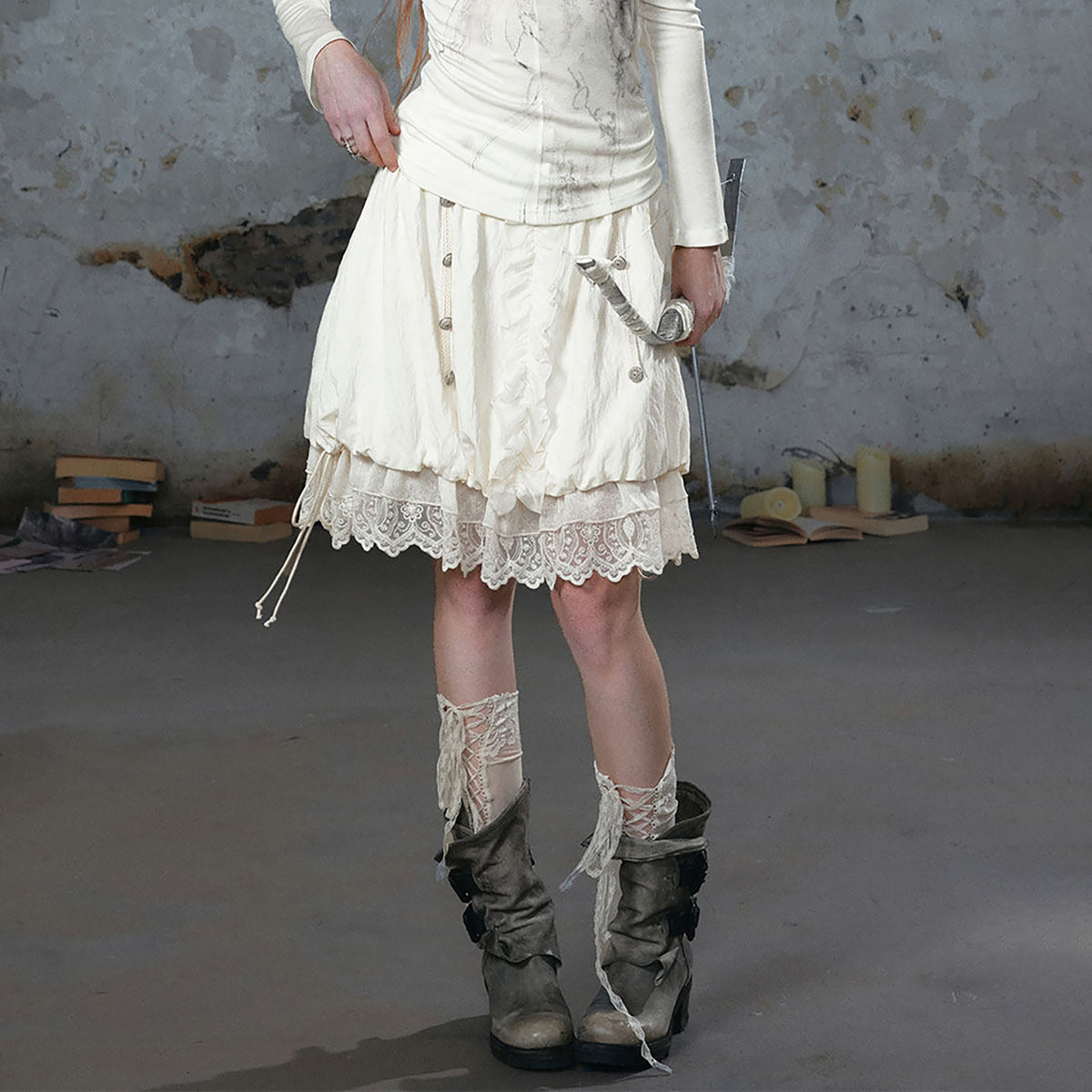 CESTNOUS Chiffon Lace Spliced Drawstring A-Line Skirt