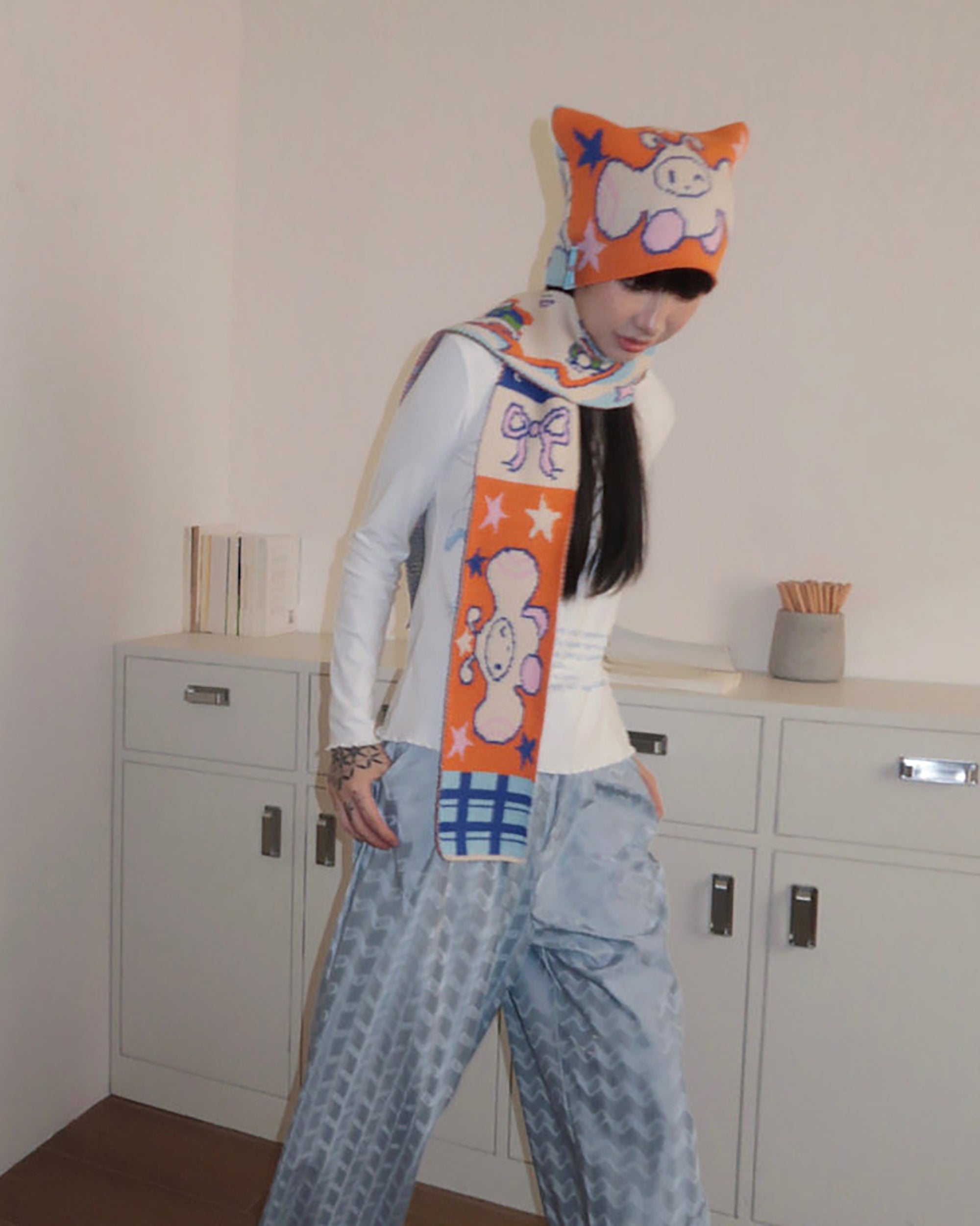 UNSOCIAL NIGHT x OLIWA Playful Graphic Knit Cat-Ear Hat