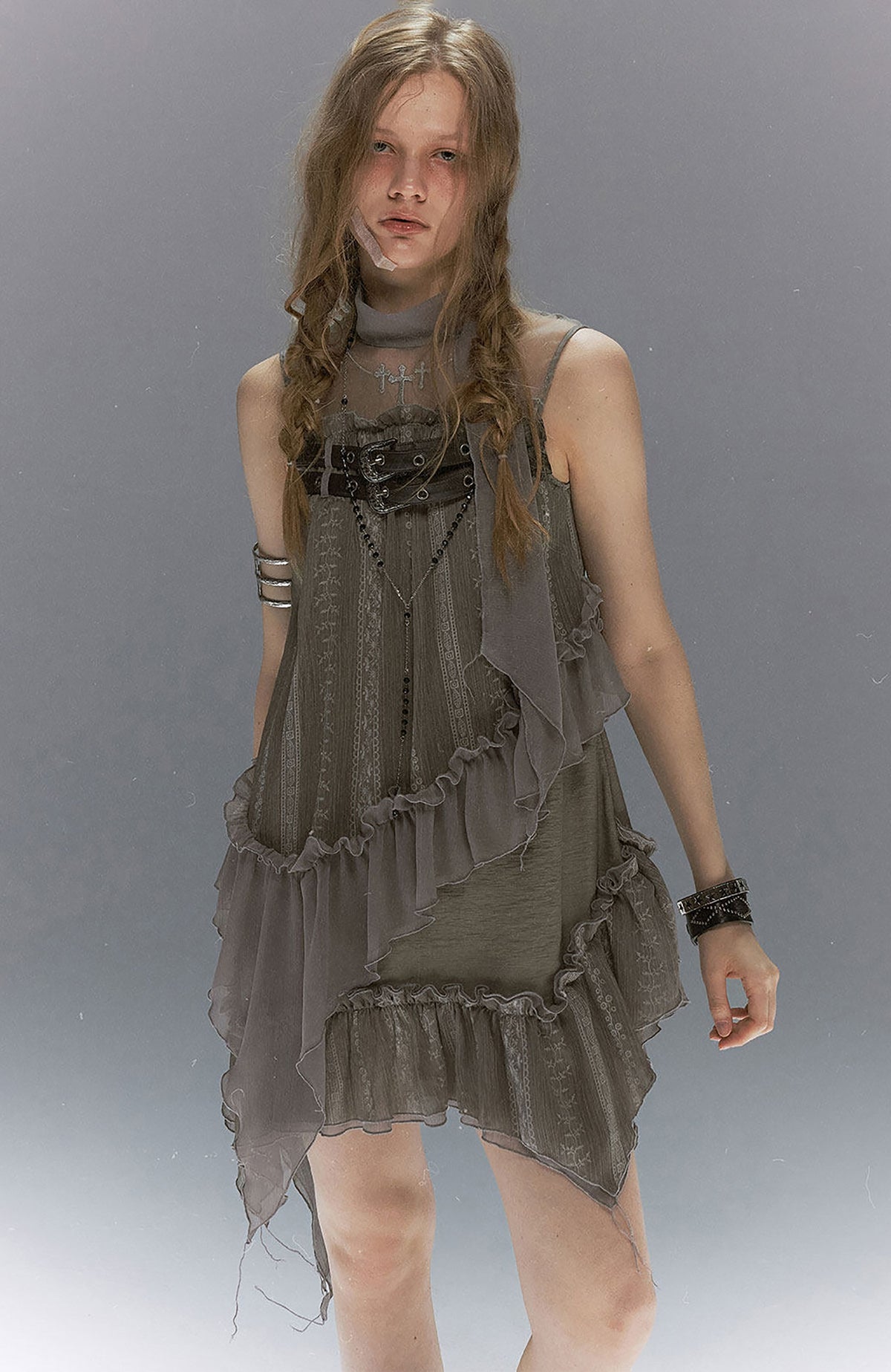 CESTNOUS Lace-Armored Cross Embroidered Layered Mesh Slip Dress