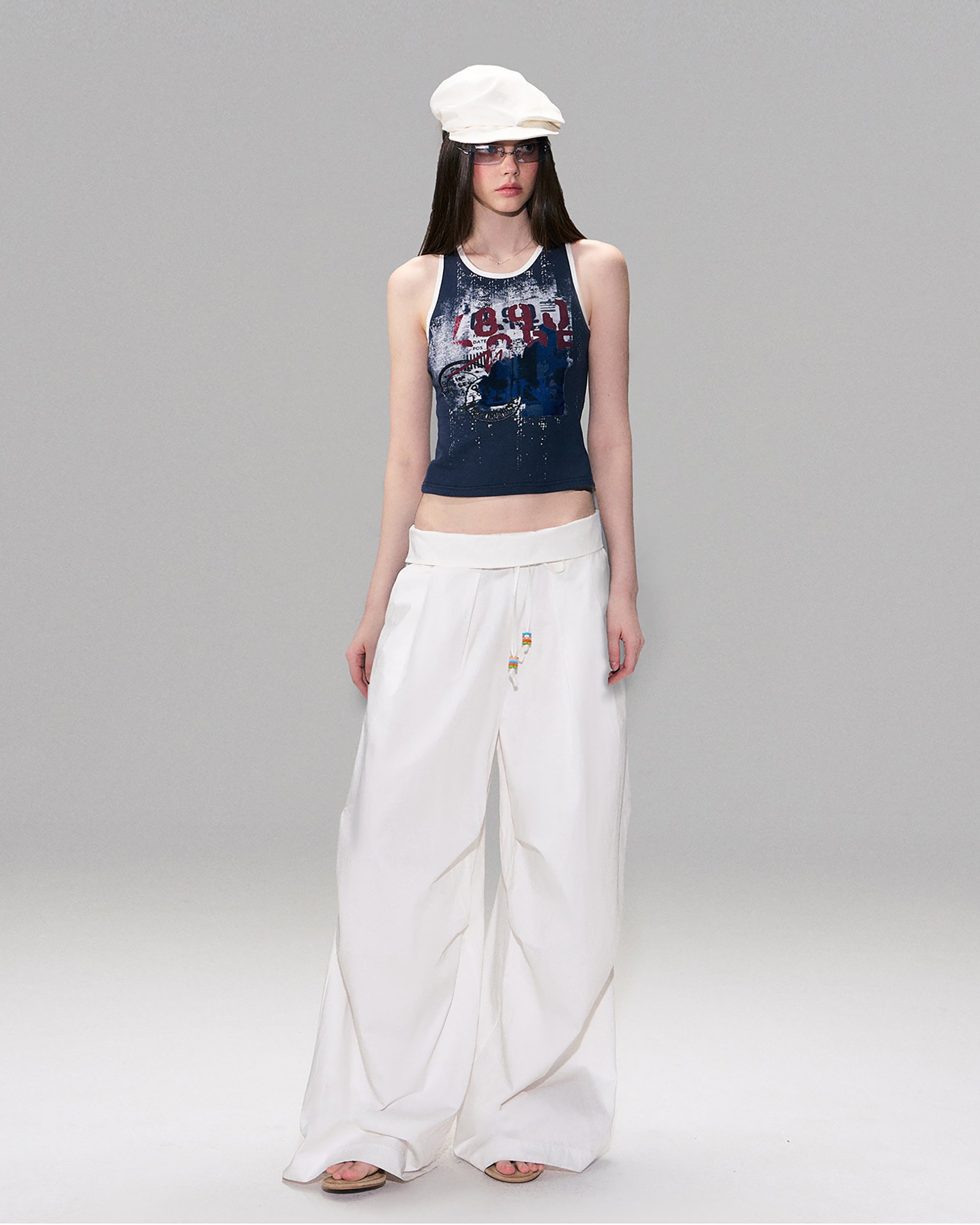 THE NEVERMORE Folded Waist Beaded Drawstring Wide-Leg Pants