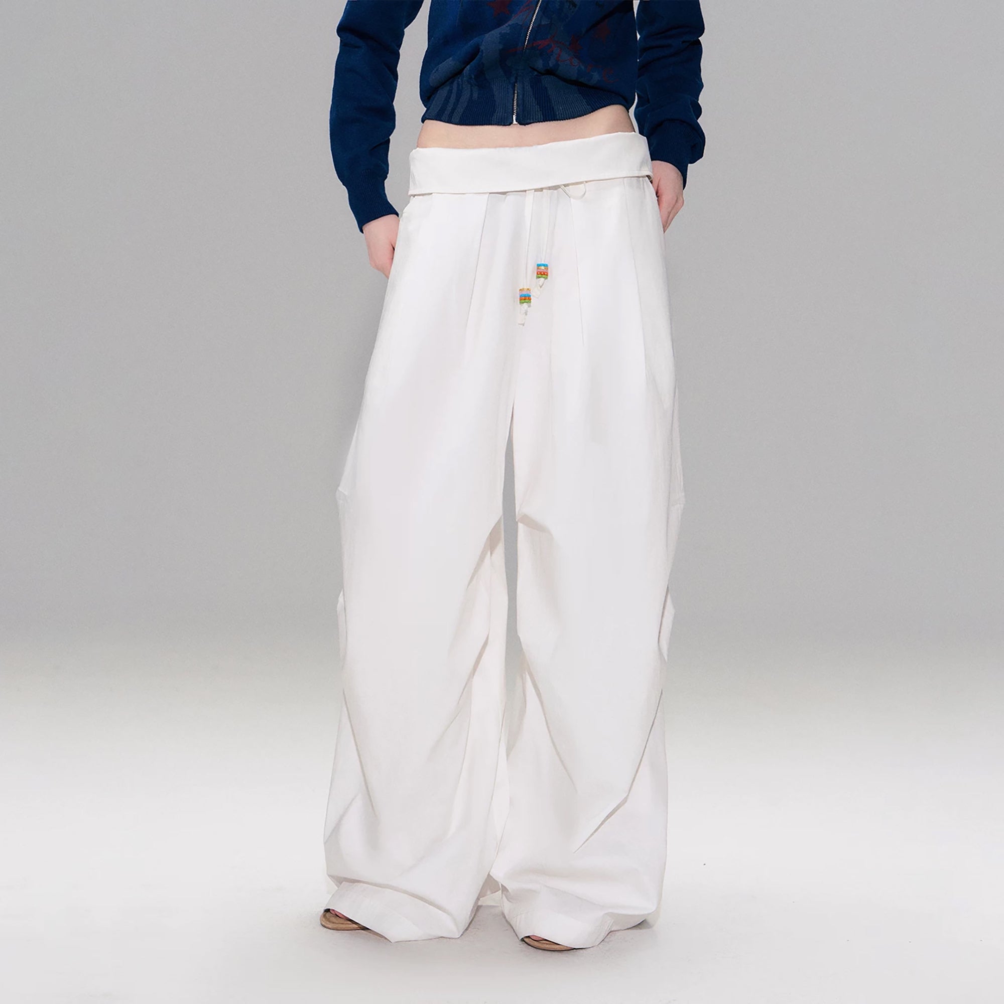 THE NEVERMORE Folded Waist Beaded Drawstring Wide-Leg Pants