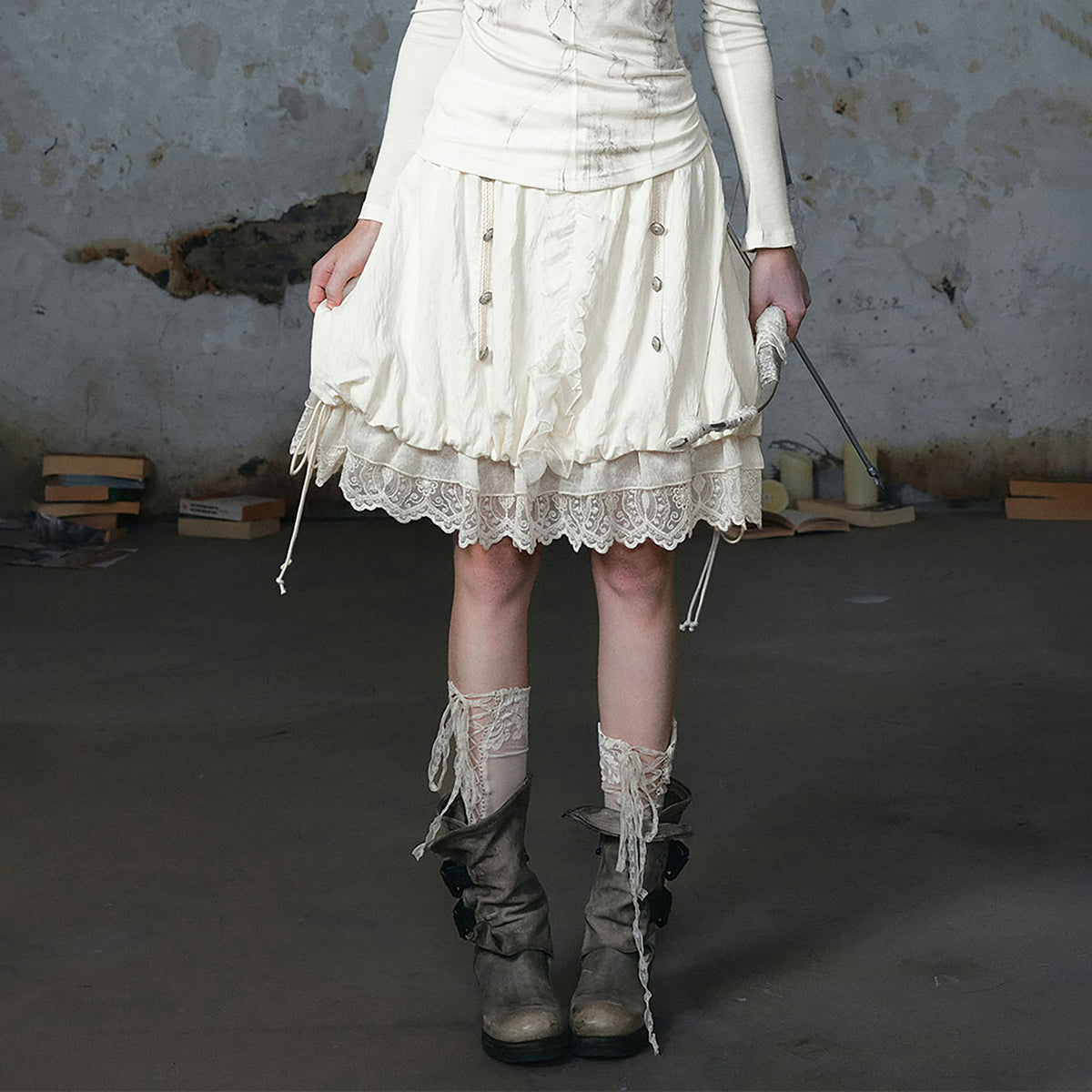 CESTNOUS Chiffon Lace Spliced Drawstring A-Line Skirt
