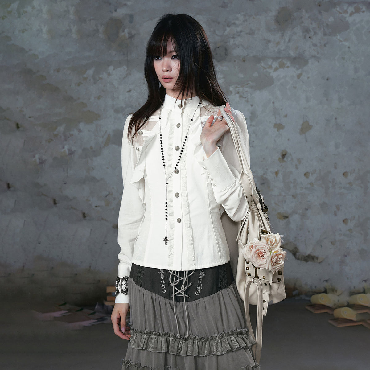 CESTNOUS Lace Ruffle Cinched-Waist Chiffon Spliced Shirt