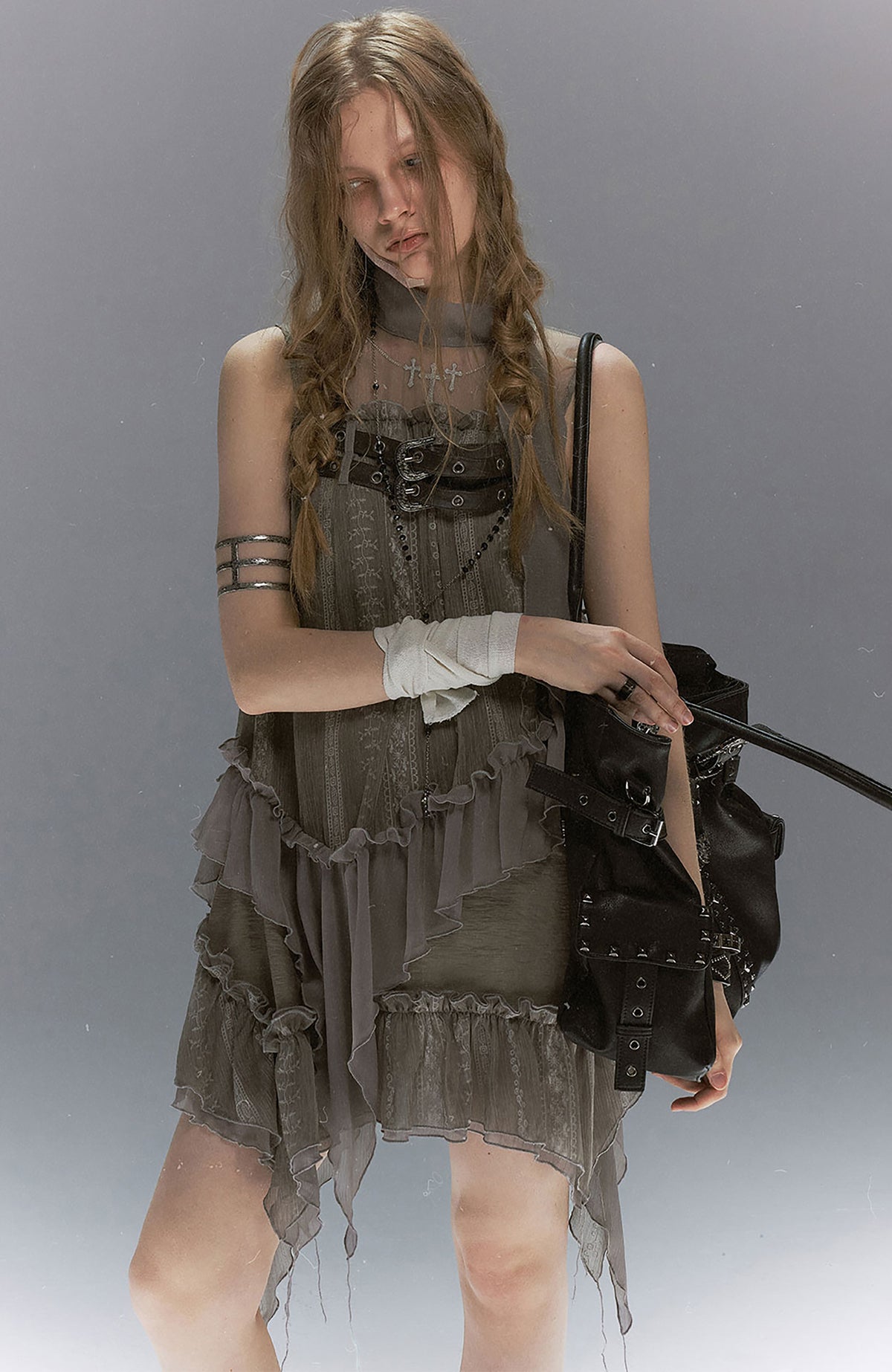 CESTNOUS Lace-Armored Cross Embroidered Layered Mesh Slip Dress