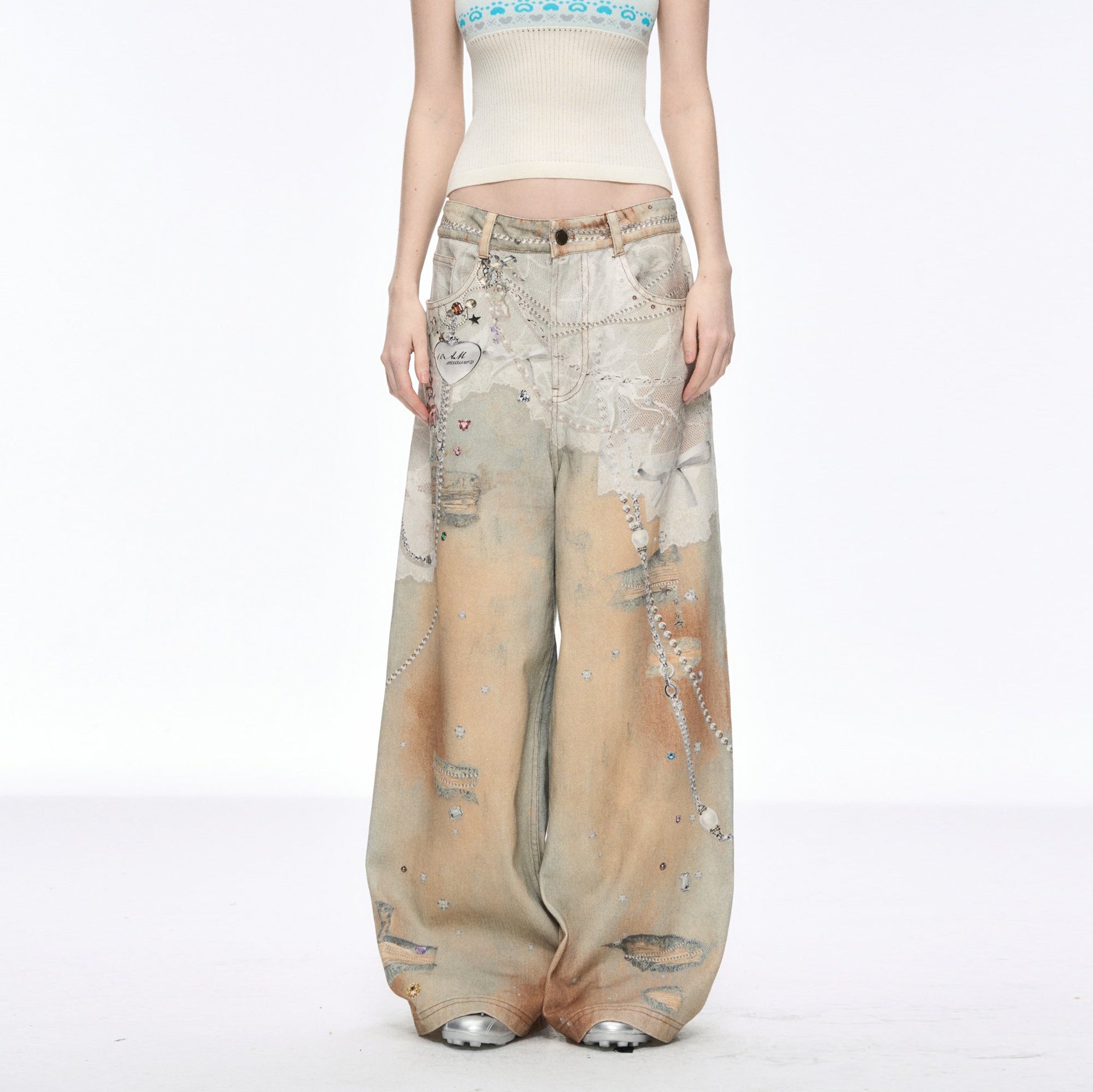 10AMSOTIIIIIIRED Lace Chain Print Studded Wide-Leg Jeans