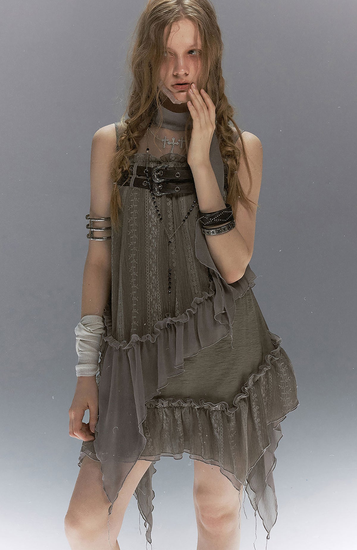 CESTNOUS Lace-Armored Cross Embroidered Layered Mesh Slip Dress