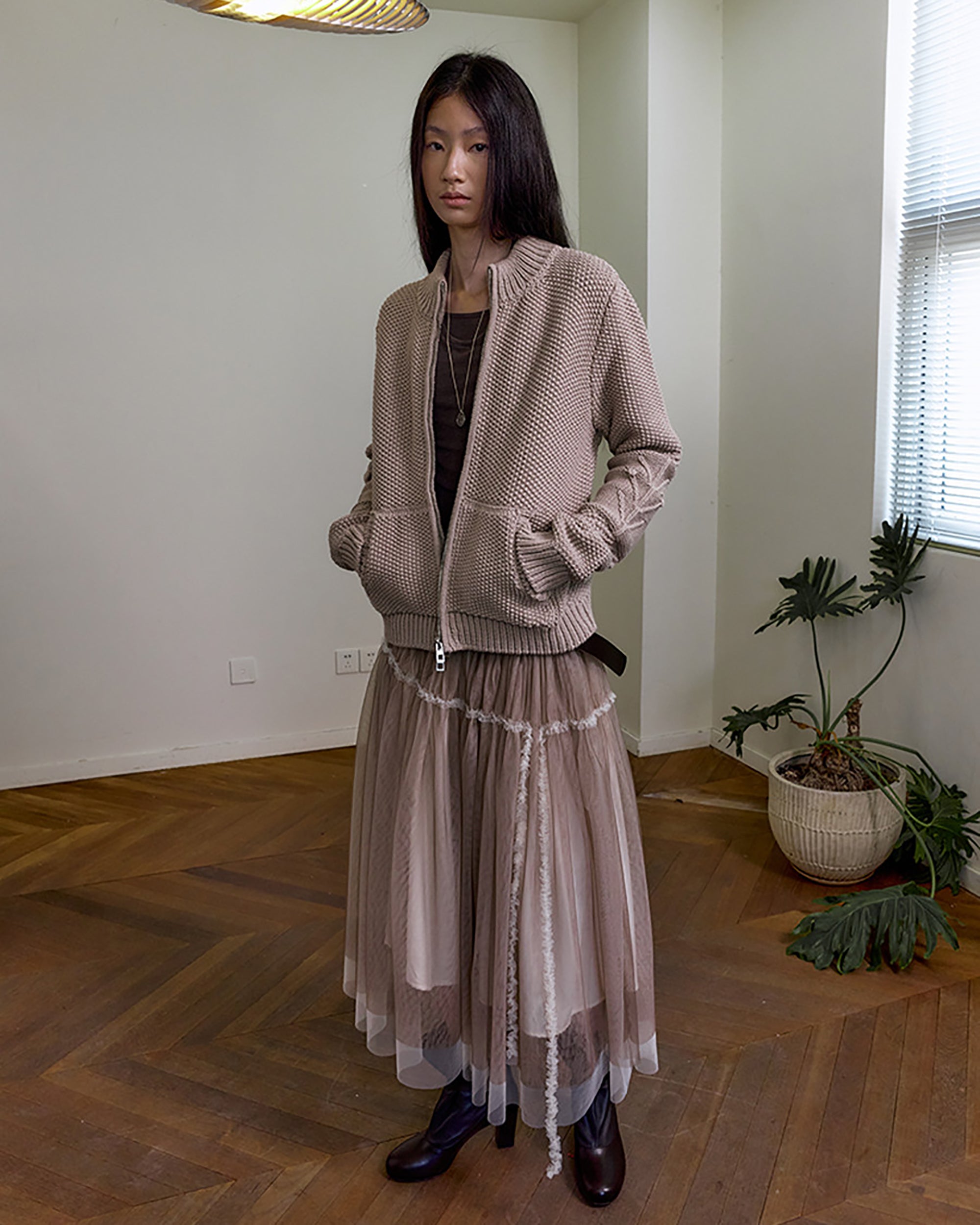 NEVERSEEZ Layered Sheer Mesh Pleated Midi Skirt
