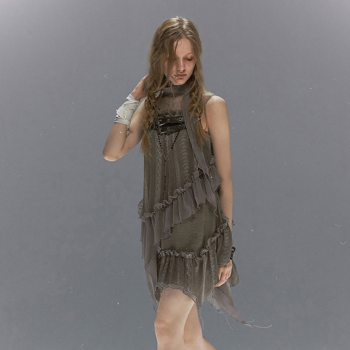 CESTNOUS Lace-Armored Cross Embroidered Layered Mesh Slip Dress