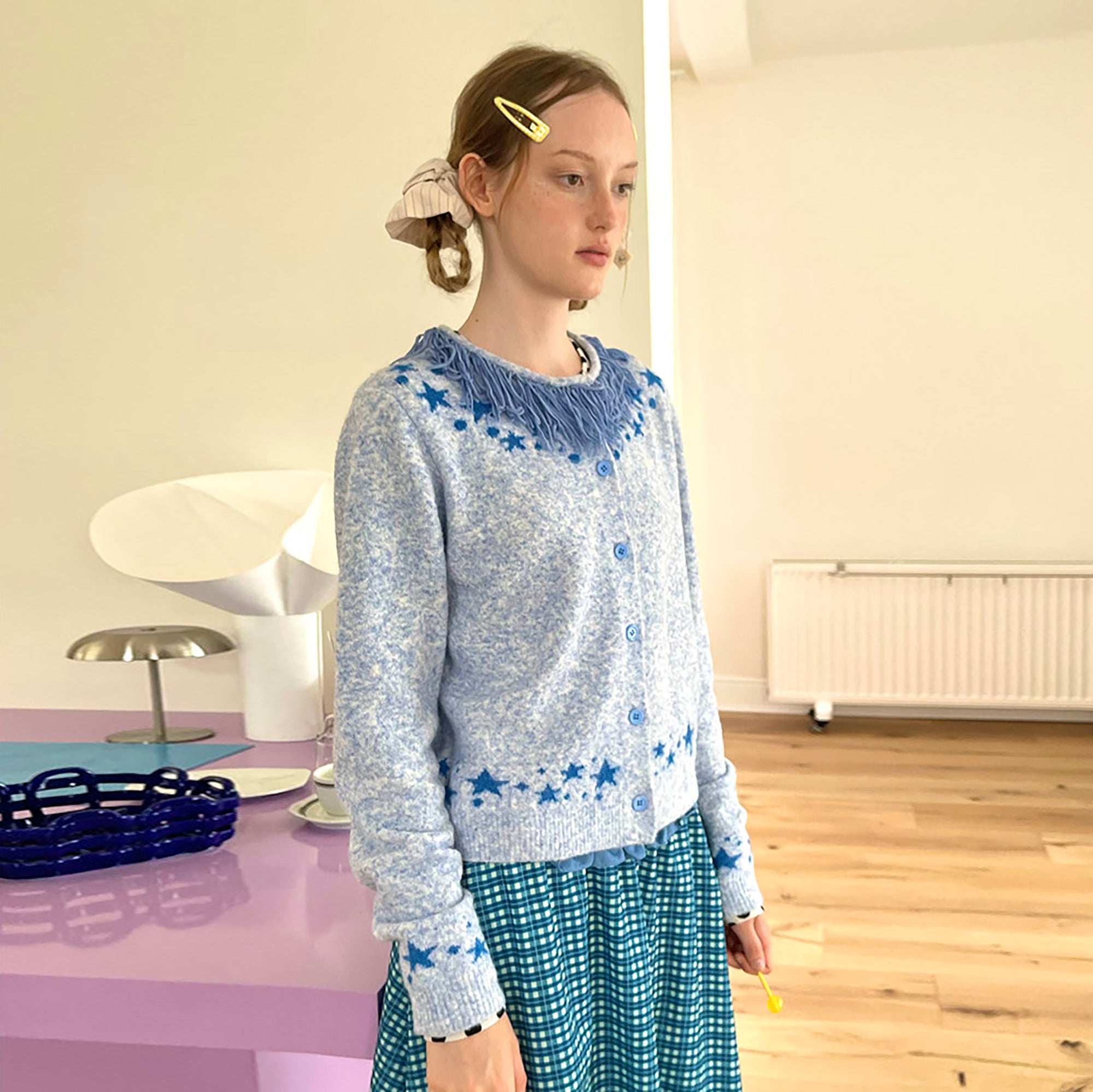 UNSOCIAL NIGHT Fringed Collar Star Jacquard Knit Cardigan