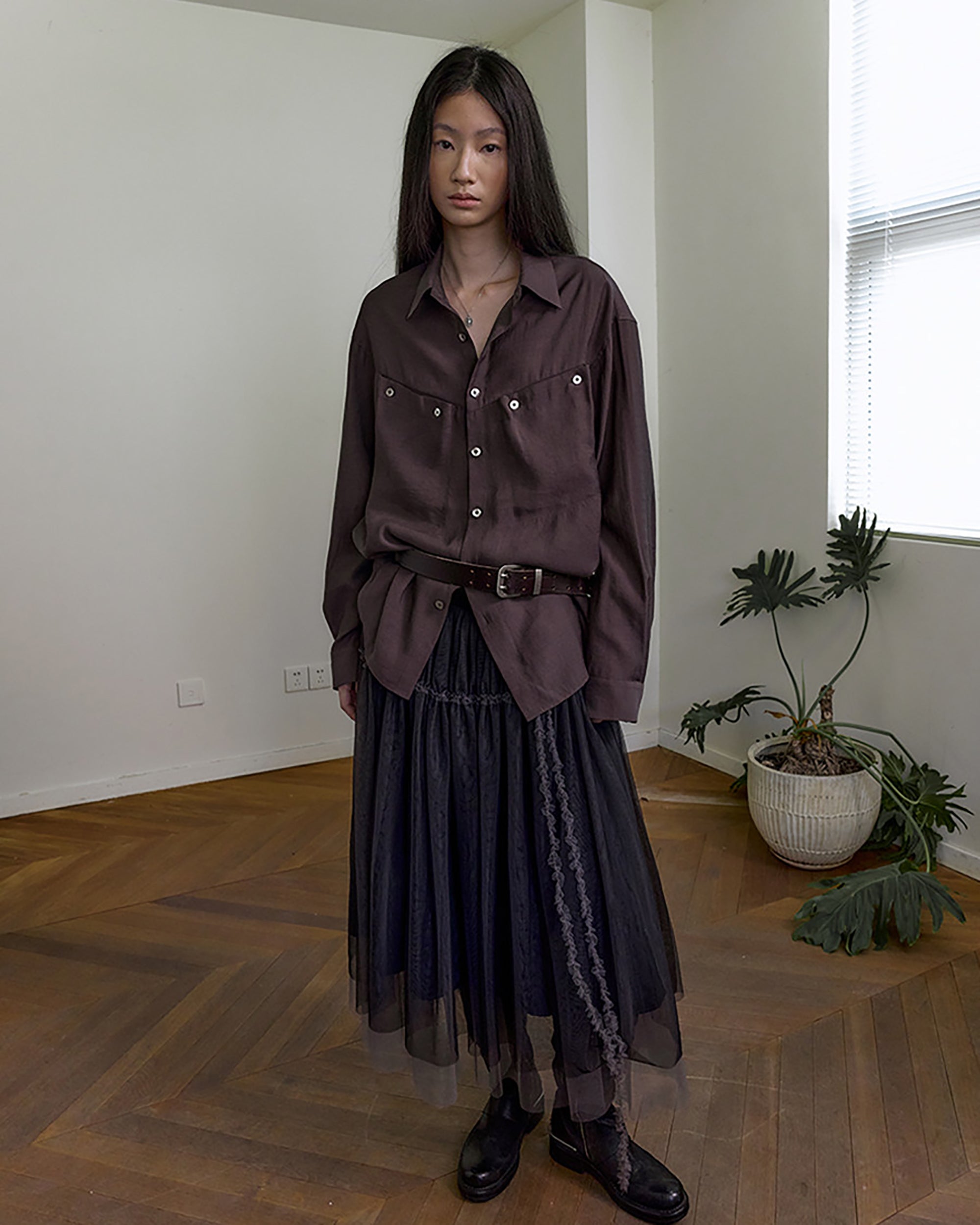 NEVERSEEZ Layered Sheer Mesh Pleated Midi Skirt