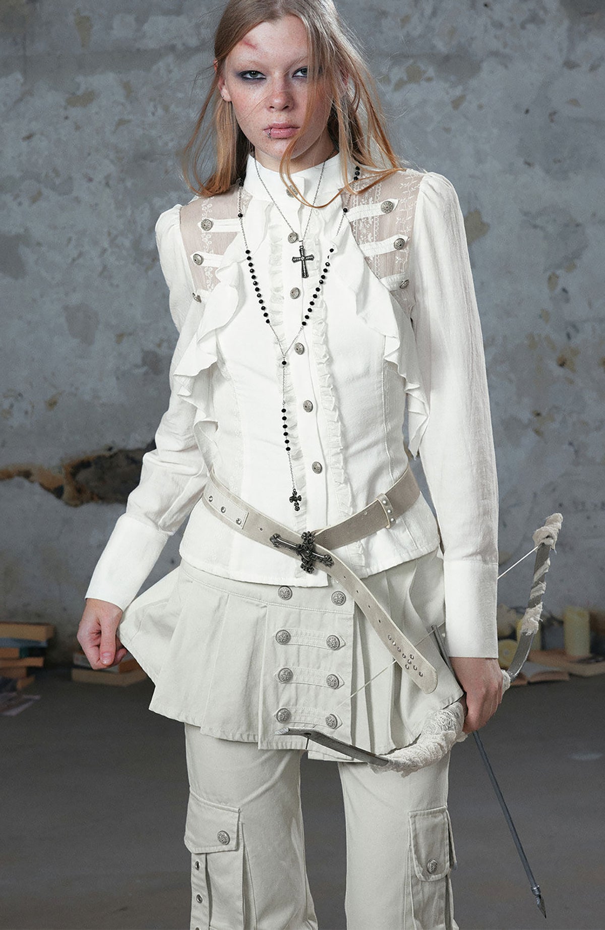 CESTNOUS Lace Ruffle Cinched-Waist Chiffon Spliced Shirt