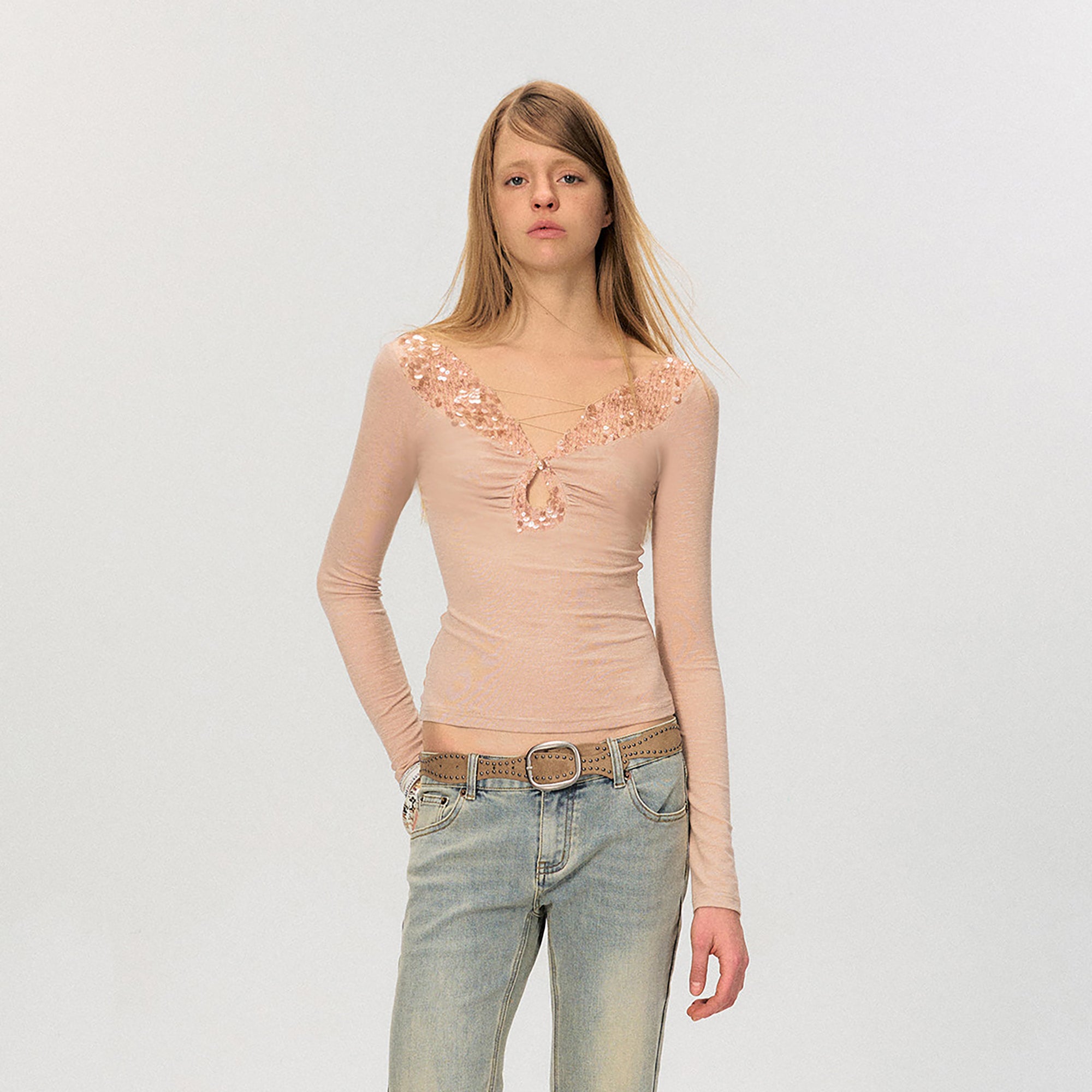 THE NEVERMORE Sequin-Trim Deep V Keyhole Long-Sleeve Top