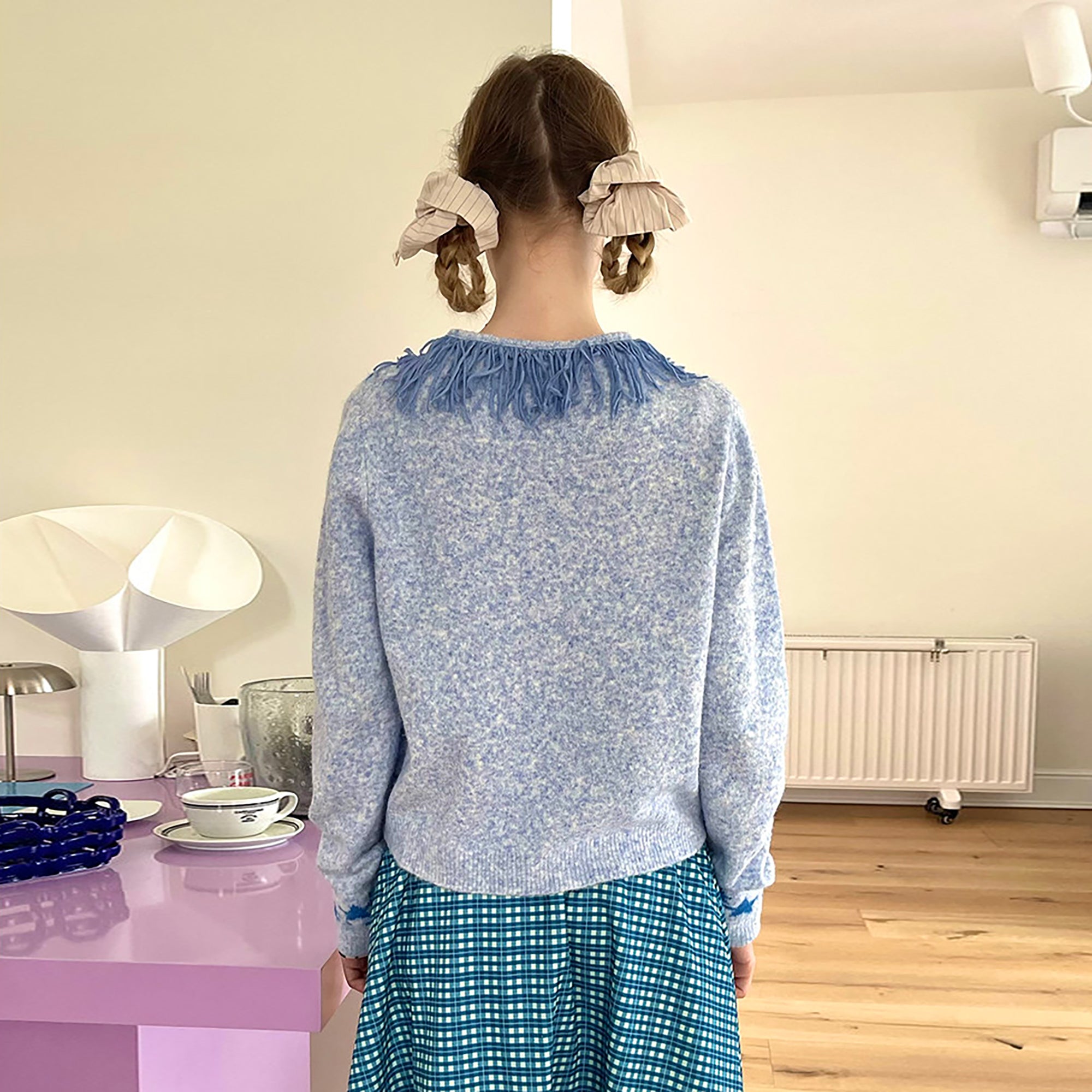 UNSOCIAL NIGHT Fringed Collar Star Jacquard Knit Cardigan