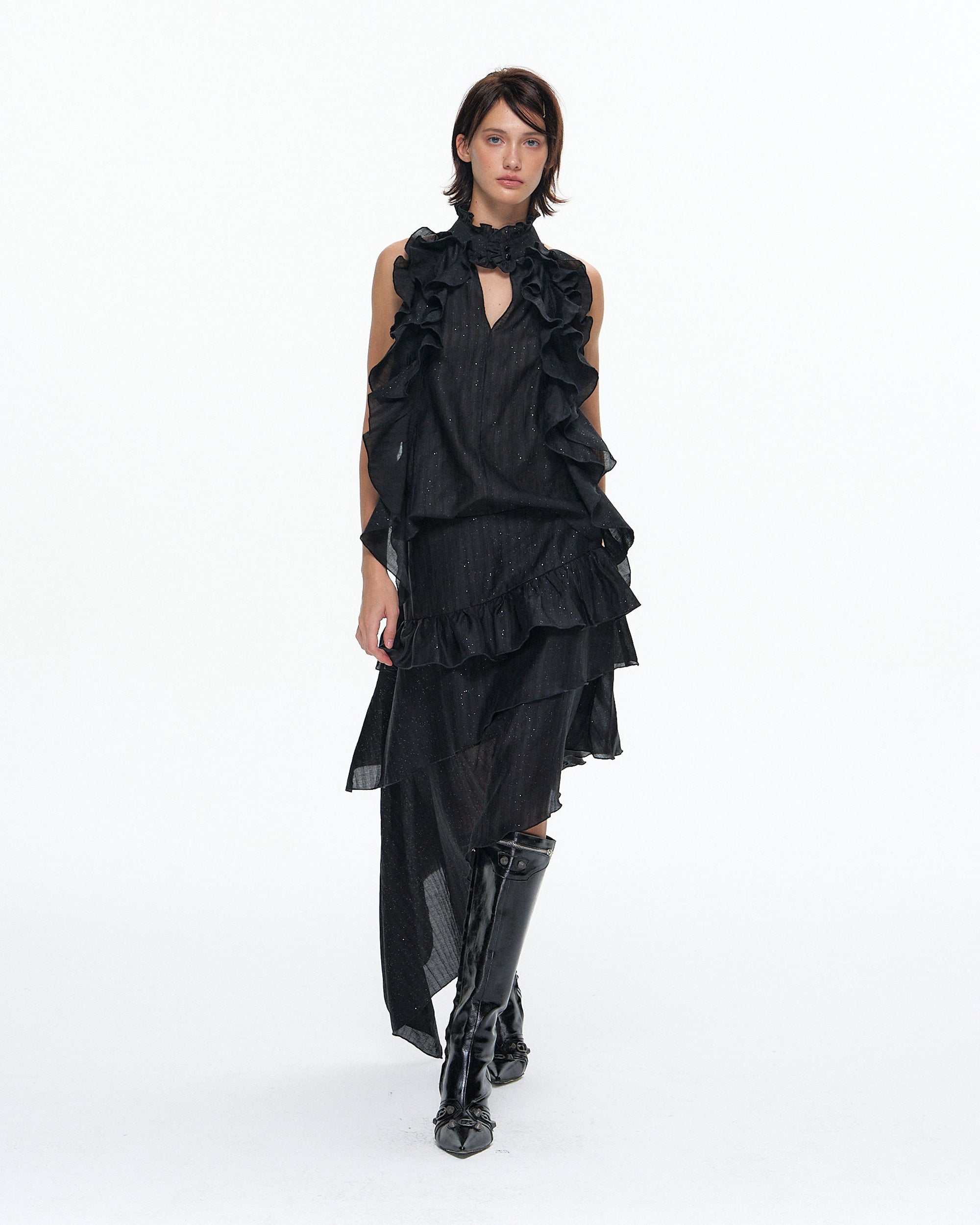 10AMSOTIIIIIIRED Tiered Ruffle Sleeveless Top & Asymmetric Skirt Set