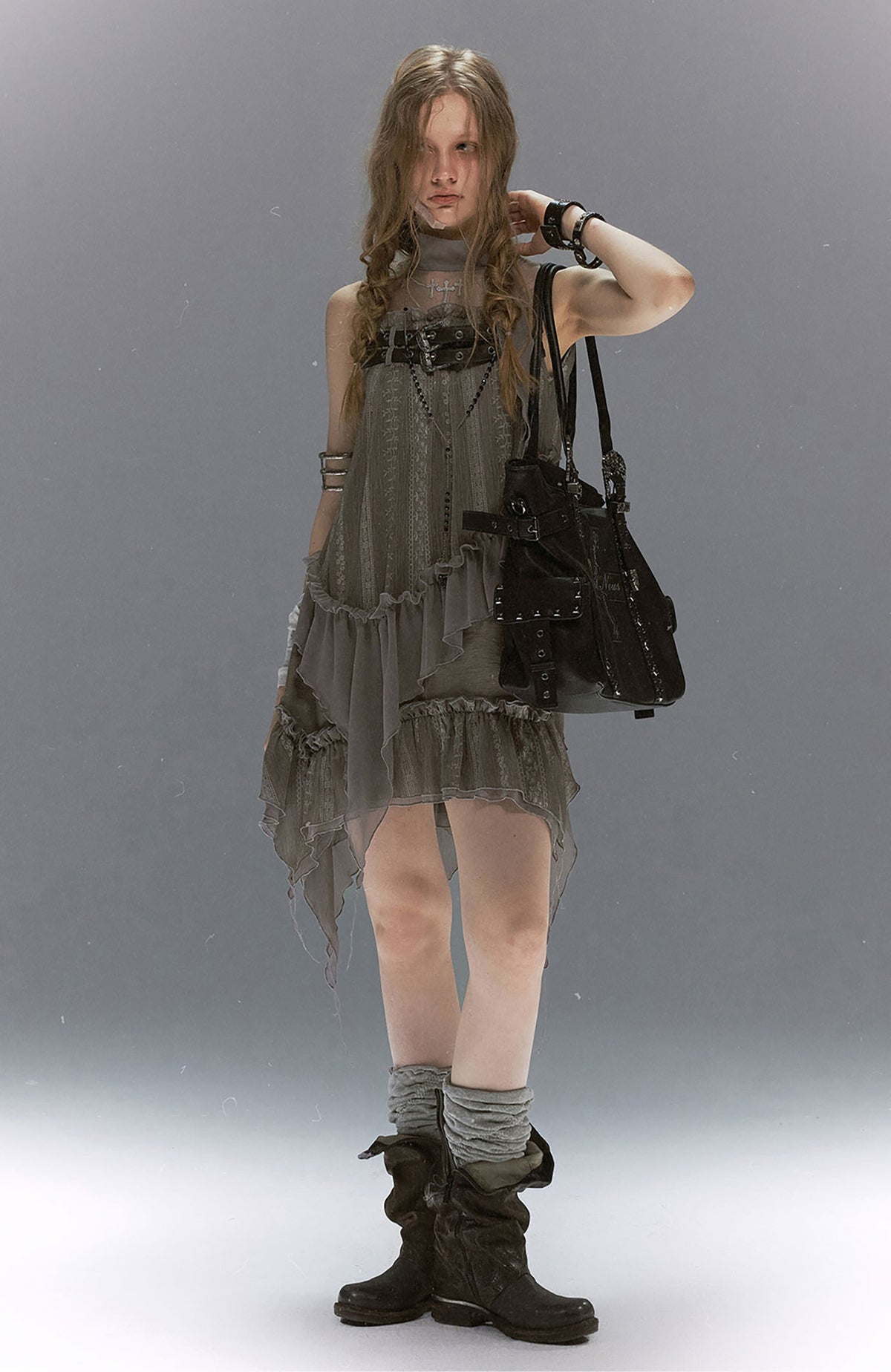 CESTNOUS Lace-Armored Cross Embroidered Layered Mesh Slip Dress