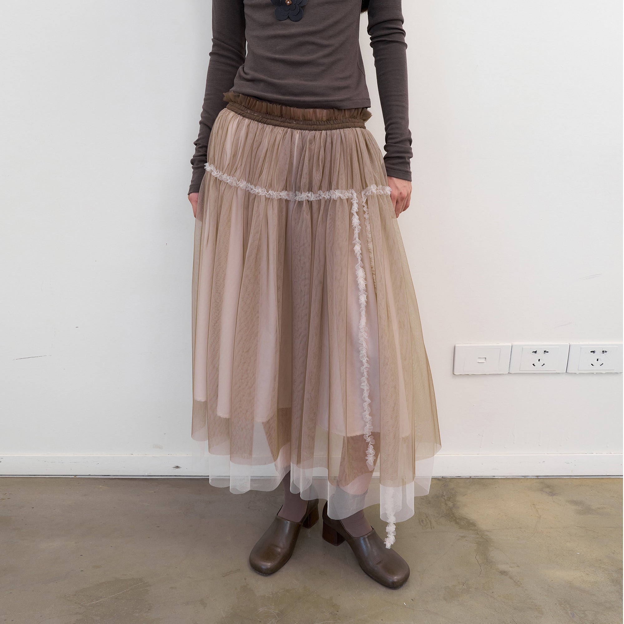 NEVERSEEZ Layered Sheer Mesh Pleated Midi Skirt