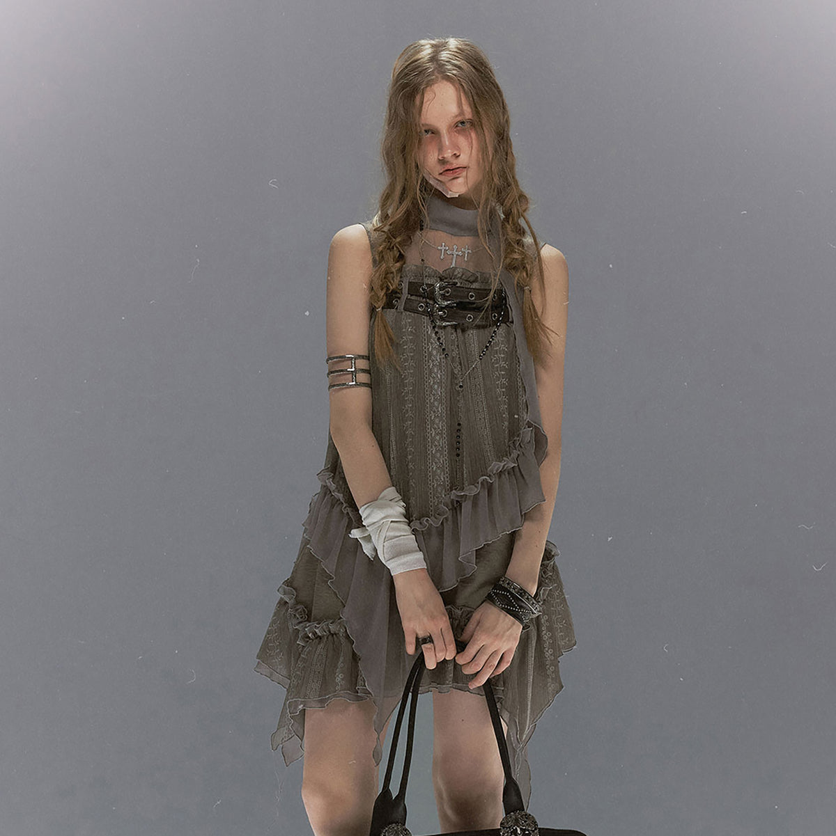 CESTNOUS Lace-Armored Cross Embroidered Layered Mesh Slip Dress