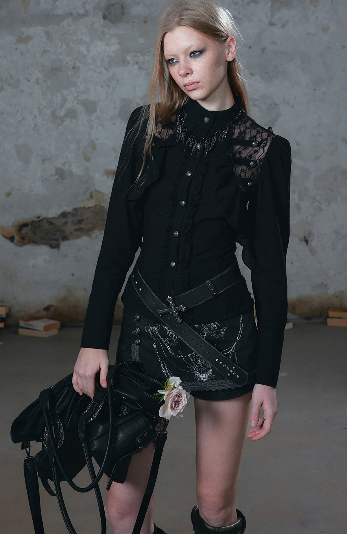 CESTNOUS Lace Ruffle Cinched-Waist Chiffon Spliced Shirt