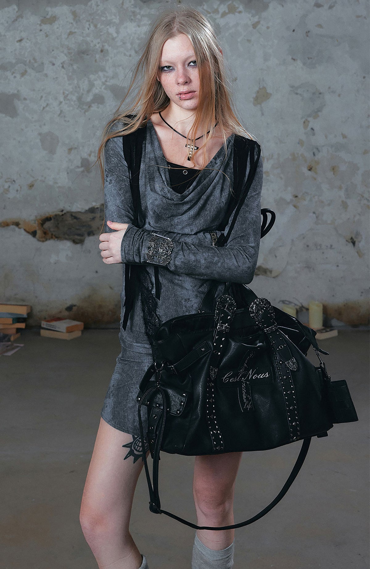 CESTNOUS Studded Faux Leather Oversized Crossbody Bag