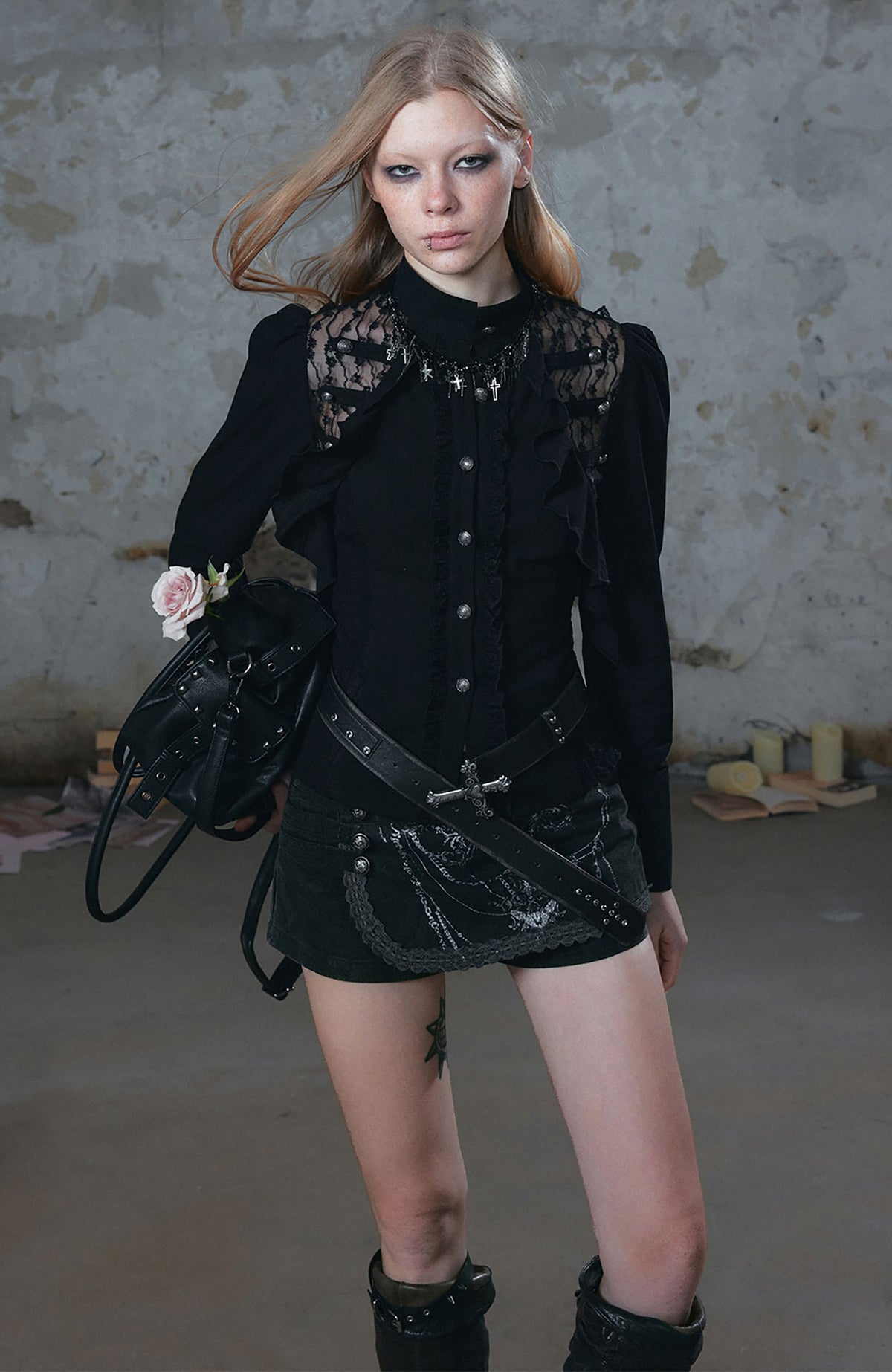 CESTNOUS Lace Ruffle Cinched-Waist Chiffon Spliced Shirt