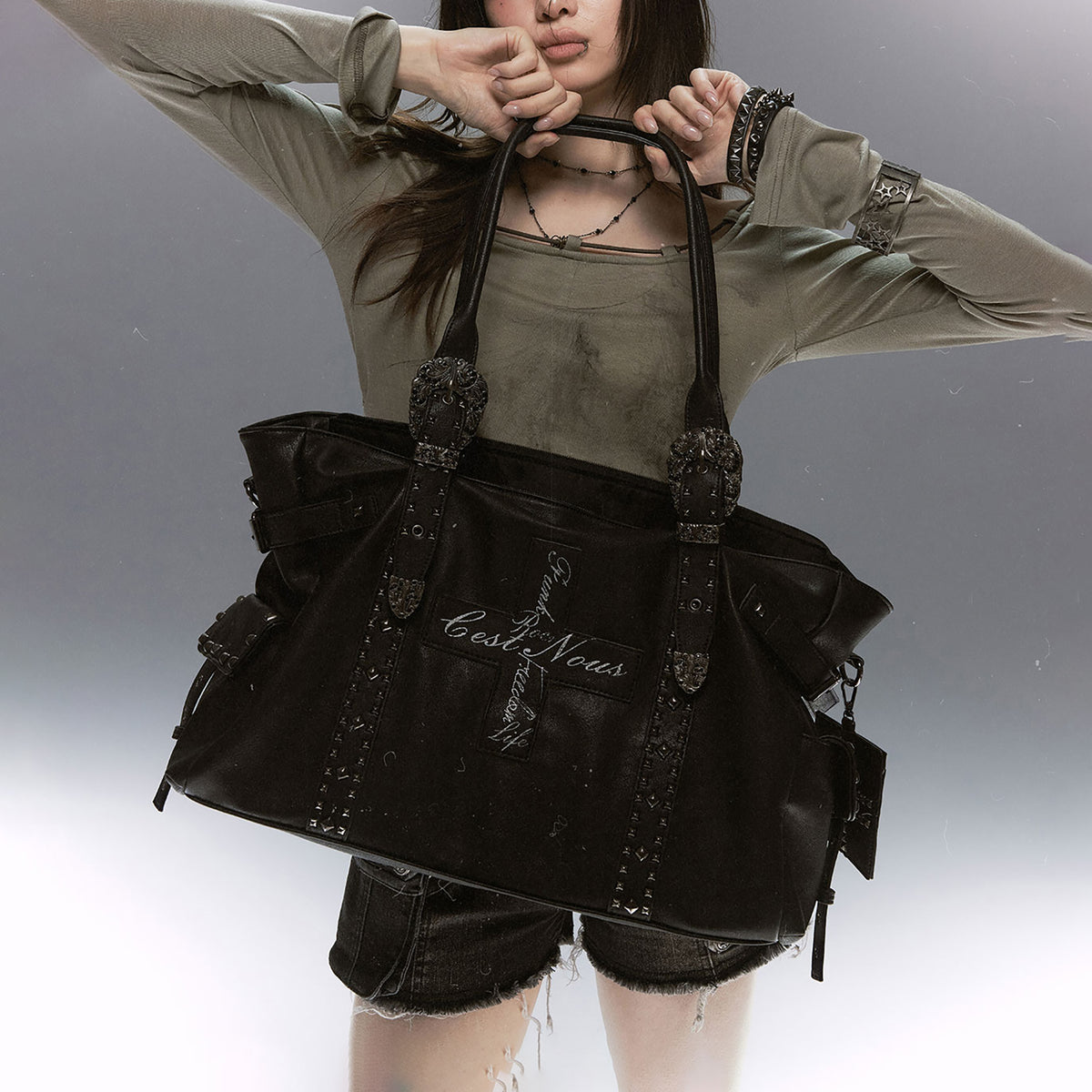 CESTNOUS Studded Faux Leather Oversized Crossbody Bag