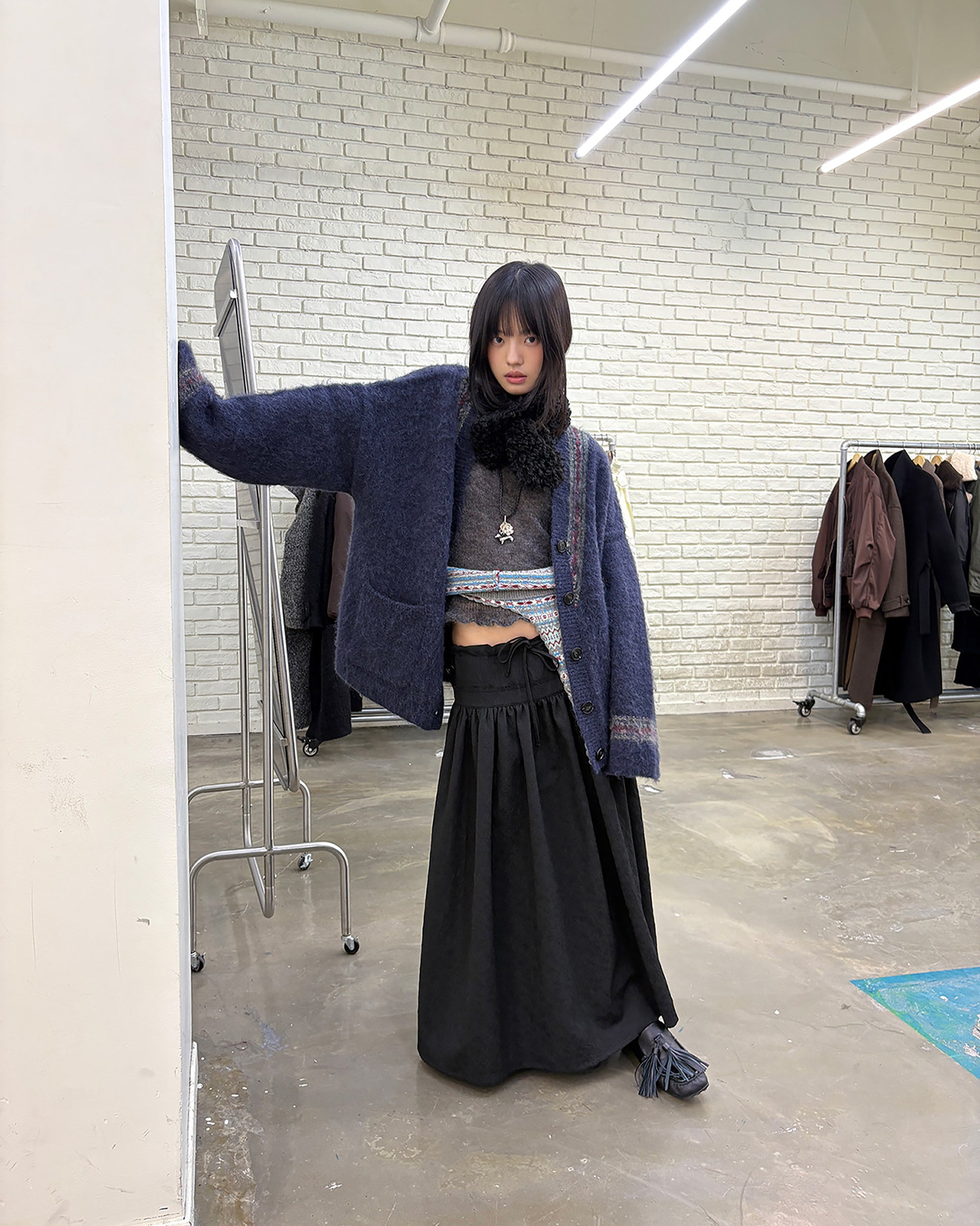 NEVERSEEZ Diagonal Strap Jacquard Umbrella Skirt