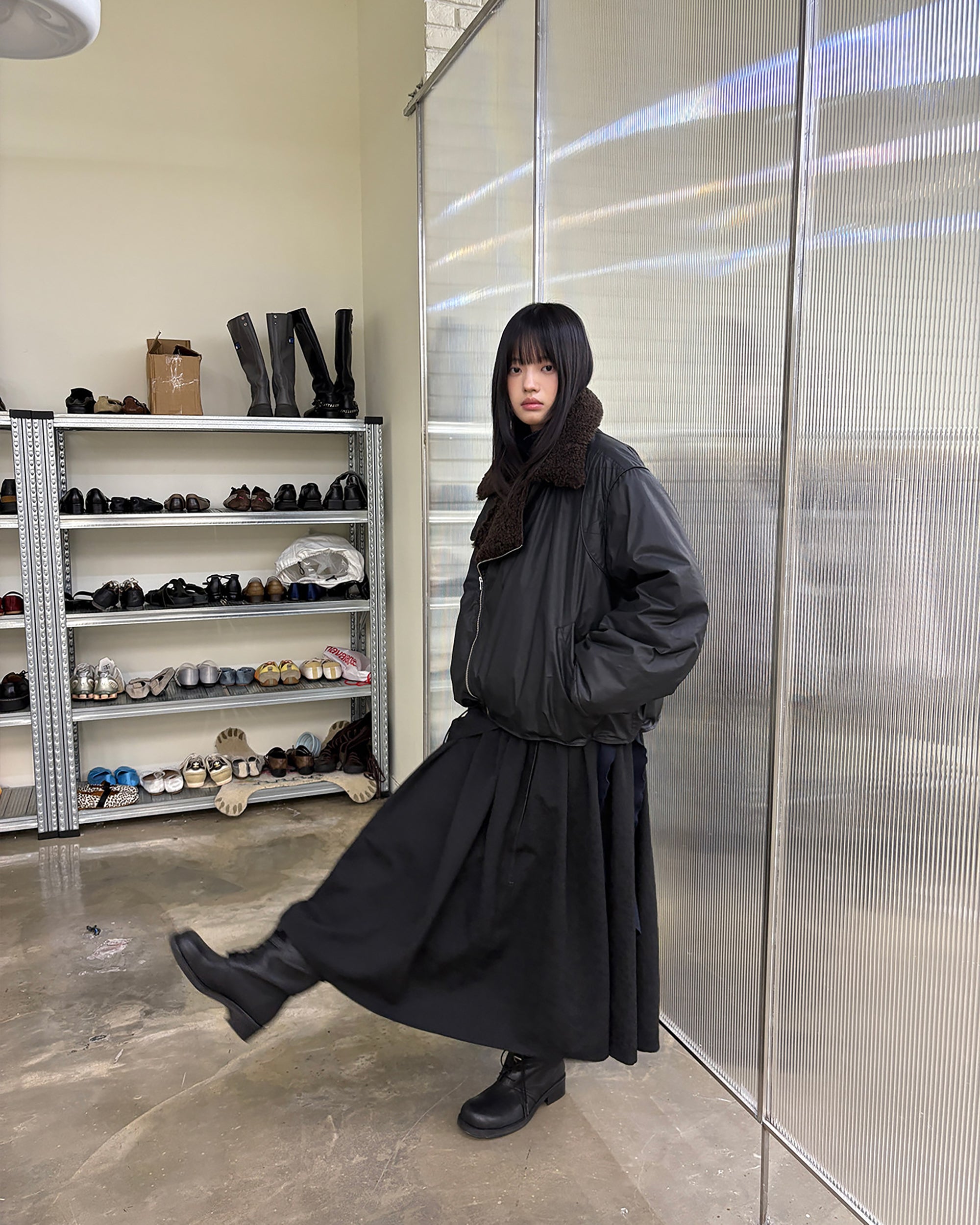 NEVERSEEZ Diagonal Strap Jacquard Umbrella Skirt