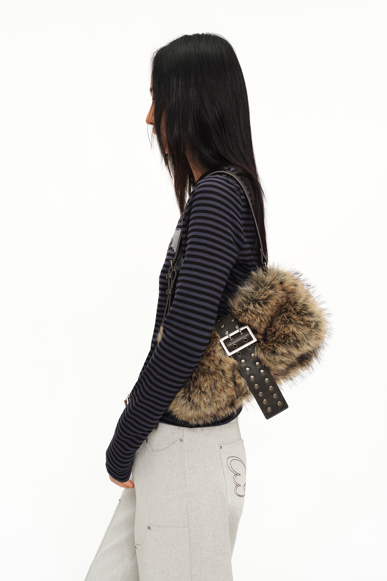 OINIMI Studded Belted Faux Fur Shoulder Bag