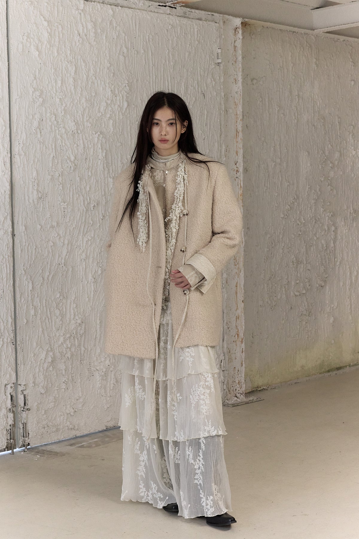 CHANGGUANG YUANZI Lace Embroidered Pleated Layered Maxi Skirt