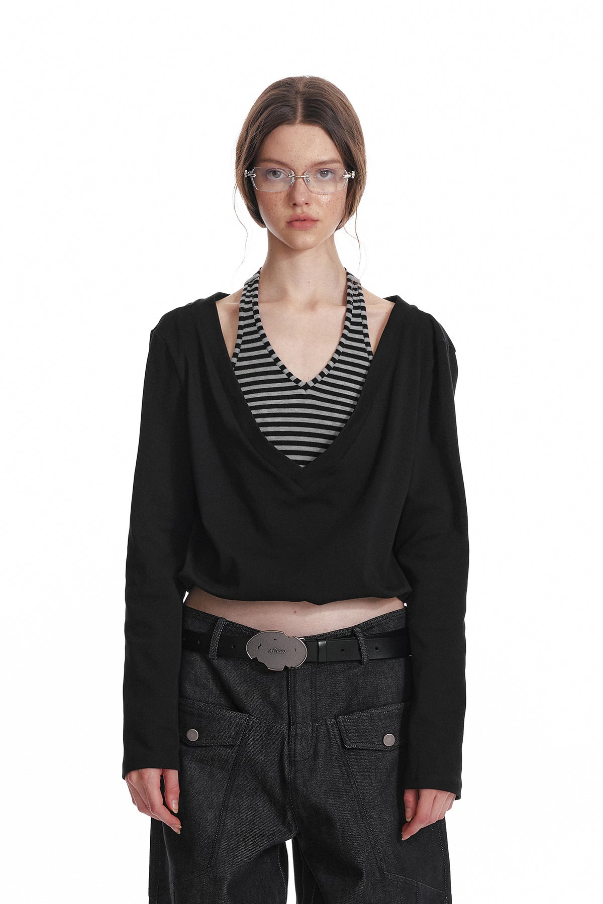ALINNV STUDIO Layered Stripes Cropped Long-Sleeve-Tee
