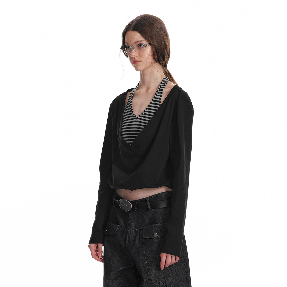 ALINNV STUDIO Layered Stripes Cropped Long-Sleeve-Tee