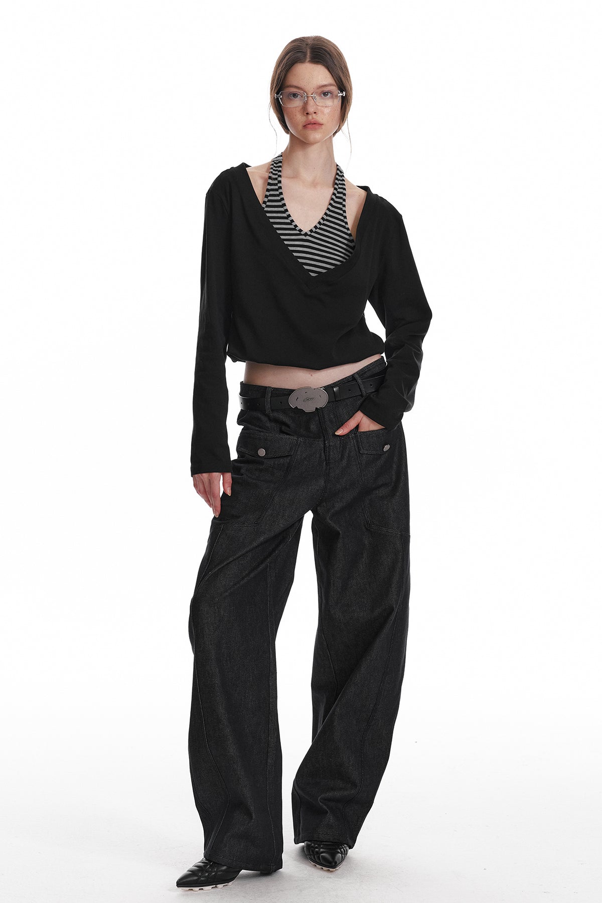 ALINNV STUDIO Layered Stripes Cropped Long-Sleeve-Tee