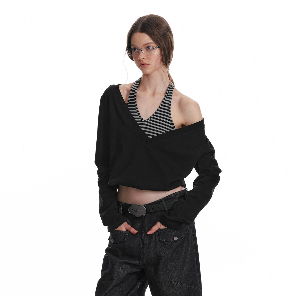 ALINNV STUDIO Layered Stripes Cropped Long-Sleeve-Tee