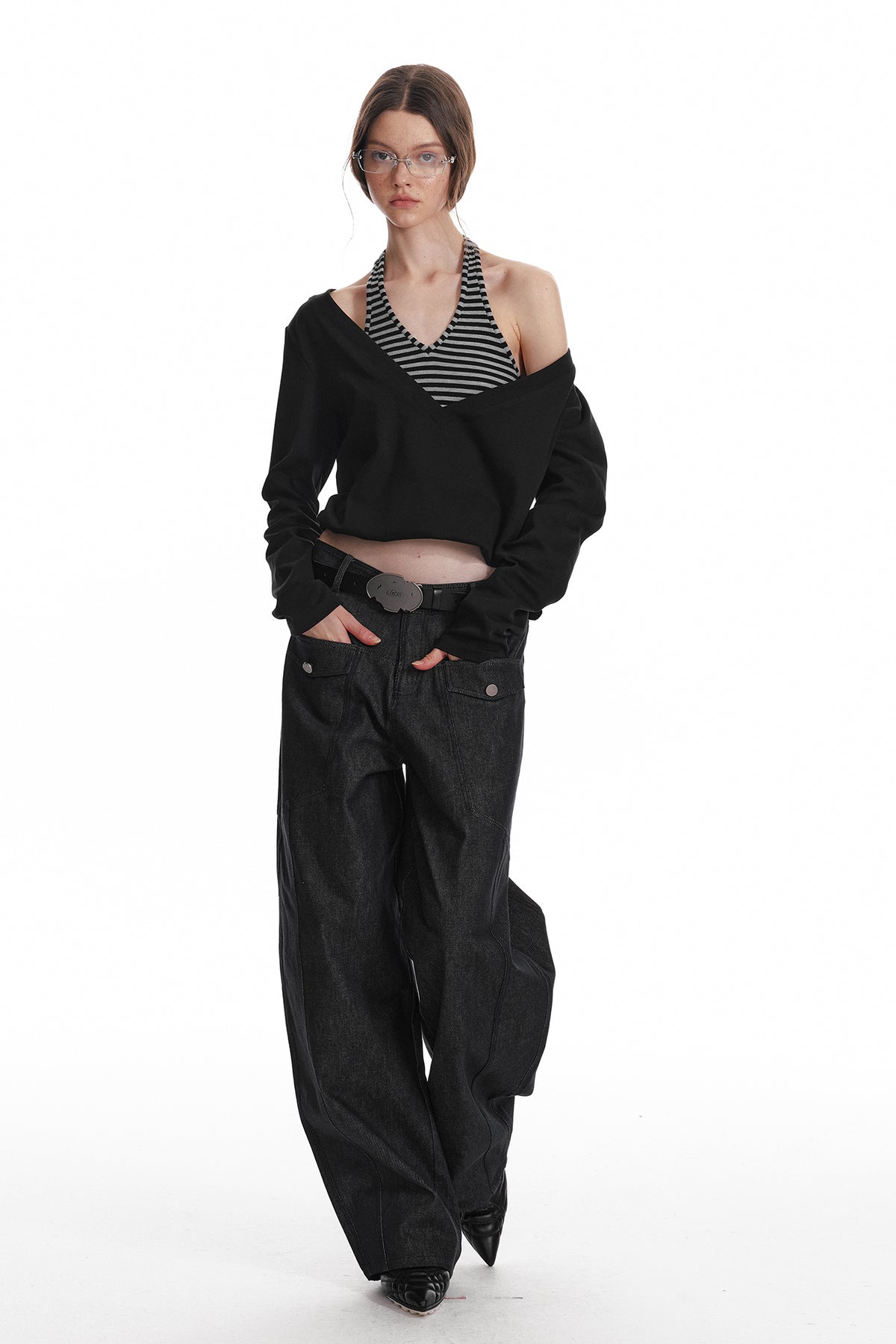 ALINNV STUDIO Layered Stripes Cropped Long-Sleeve-Tee