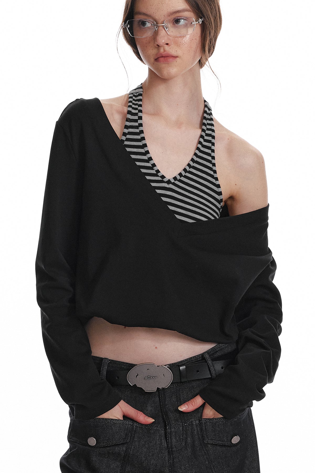 ALINNV STUDIO Layered Stripes Cropped Long-Sleeve-Tee