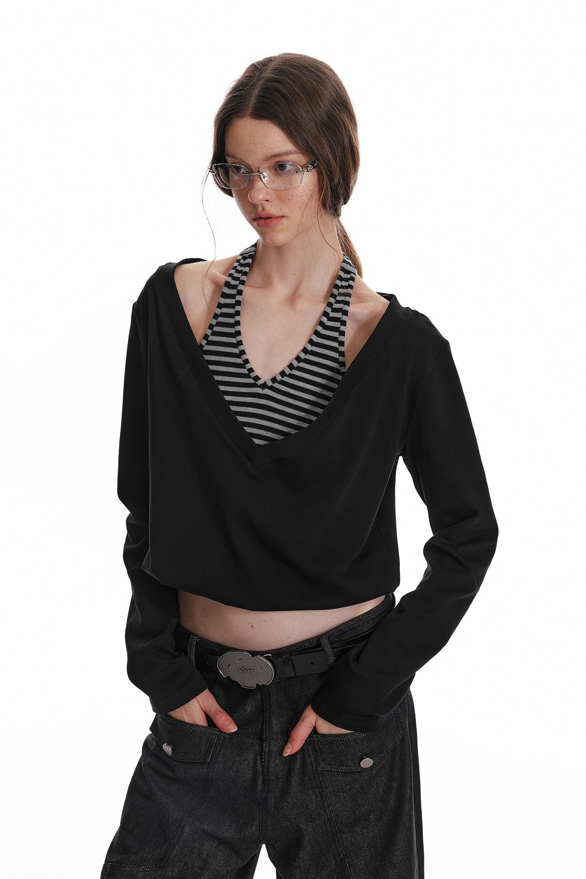 ALINNV STUDIO Layered Stripes Cropped Long-Sleeve-Tee